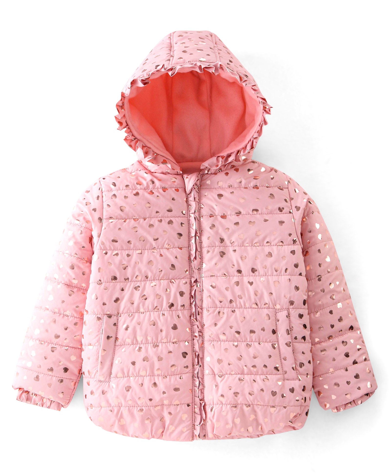Babyhug Woven Full Sleeves Hooded Jacket Heart Print - Pink-image-23
