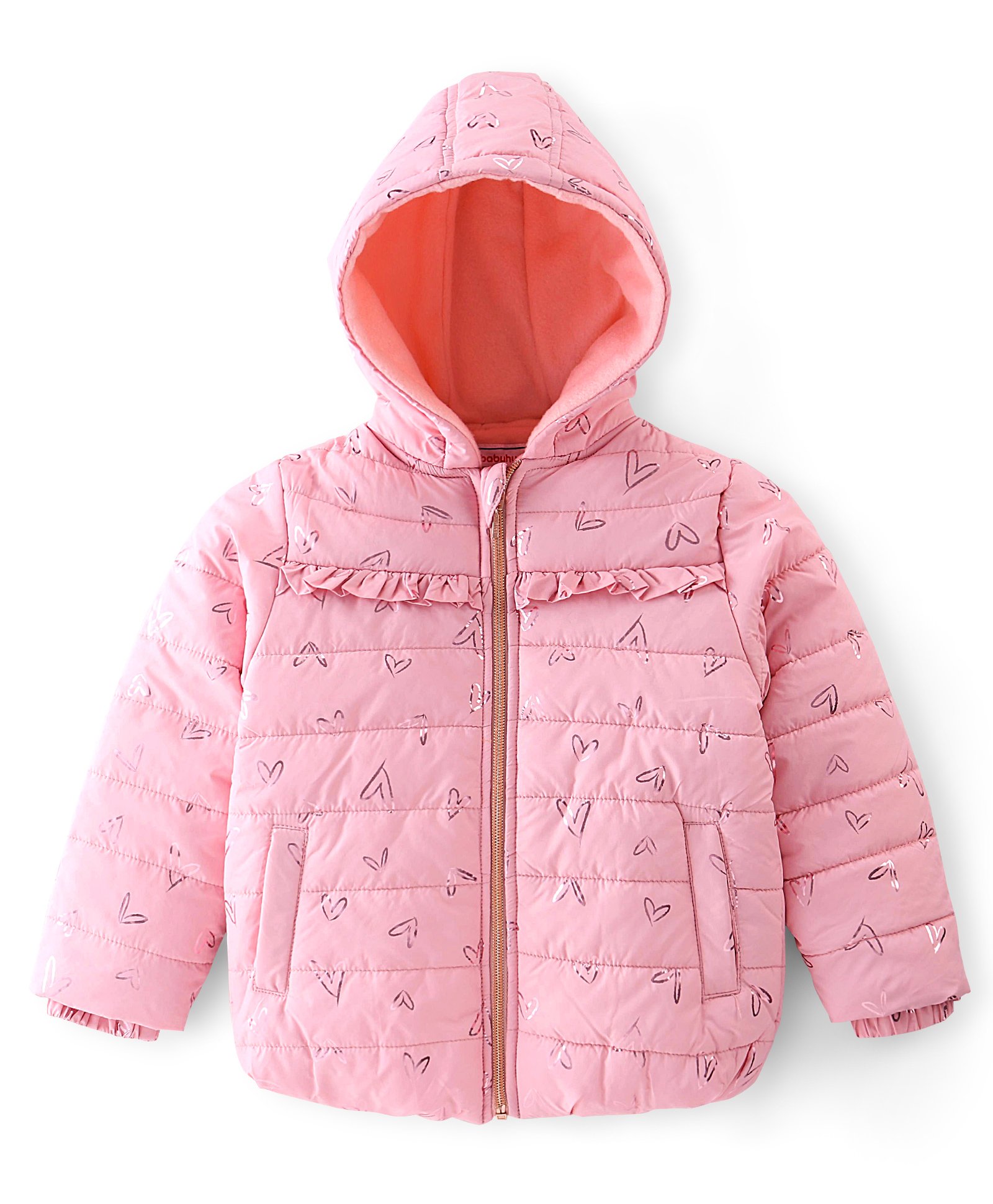 Babyhug Full Sleeves Quilted Hooded Jacket with Heart Foil Print - Pink-image-15