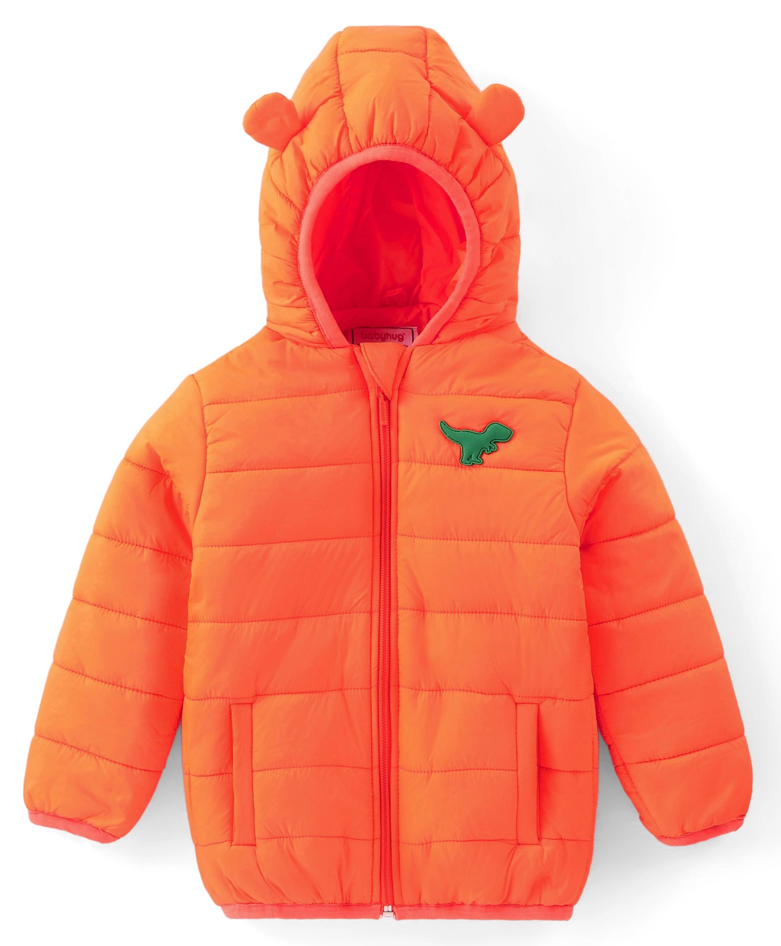 Babyhug Woven Full Sleeves Hoodie With Dino Patch - Orange-image-10
