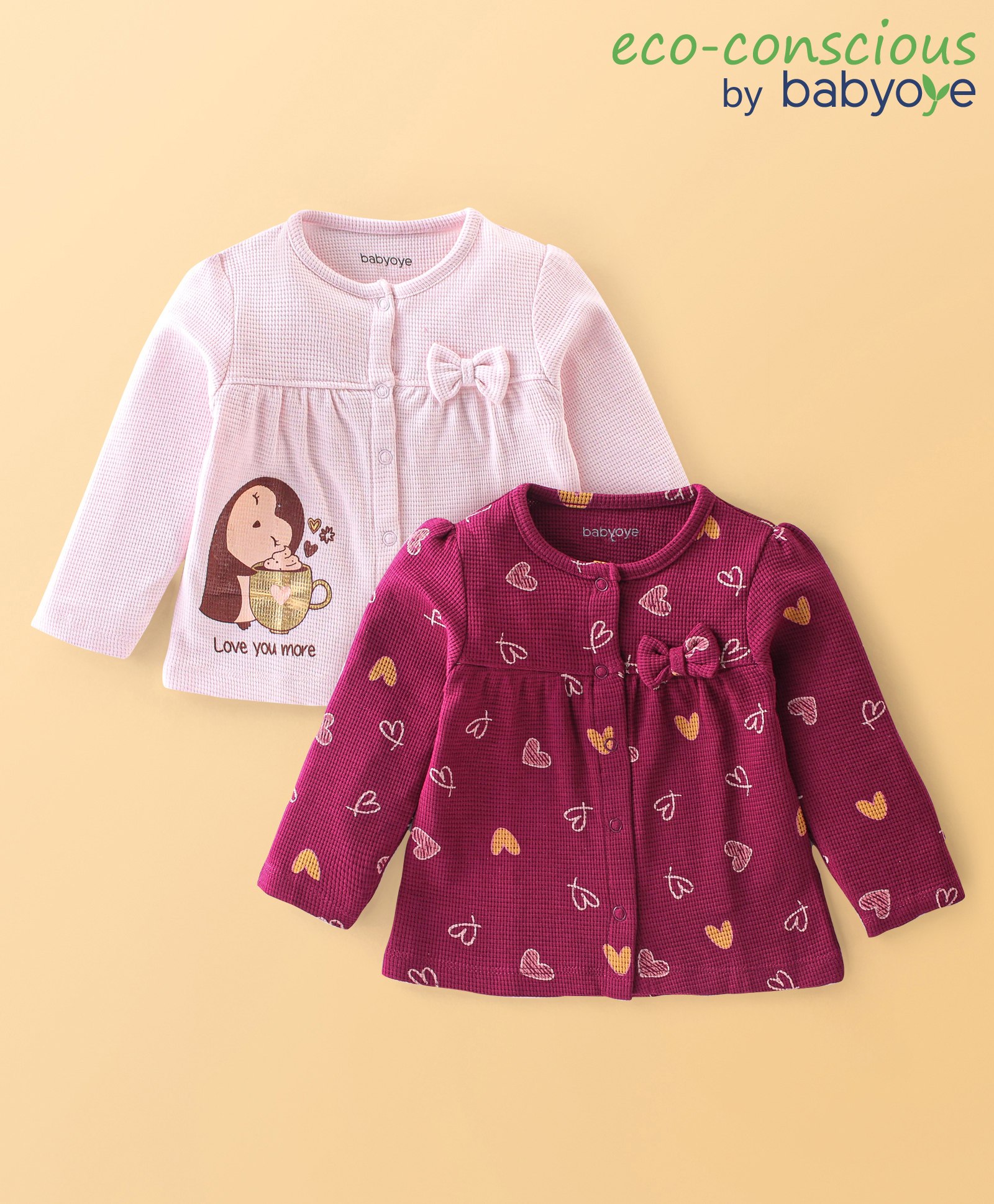 Babyoye Eco Conscious 100% Cotton HeartPrinted Full Sleeves Tops Pack of 2- Pink & Maroon-image-20