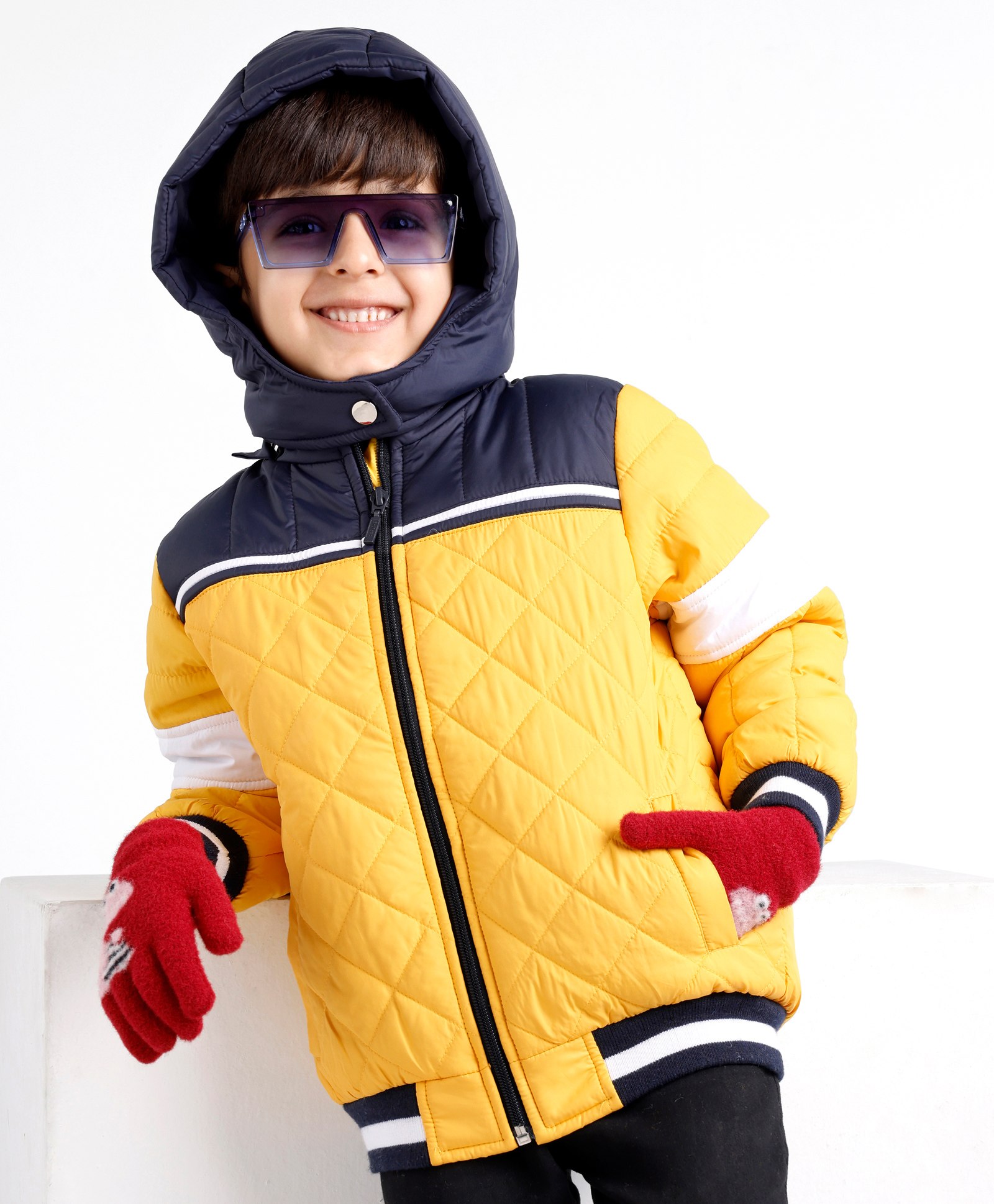 Babyhug Full Sleeves Padded Winter Jacket With Hood & Color Block Design - Yellow & Navy-image-24