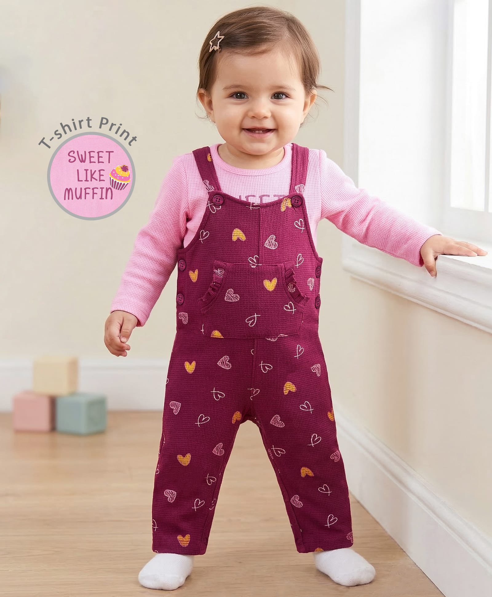 Babyoye Eco Conscious 100% Cotton Heart Printed Dungaree with Full Sleeves Inner Tee - Pink-picture-12
