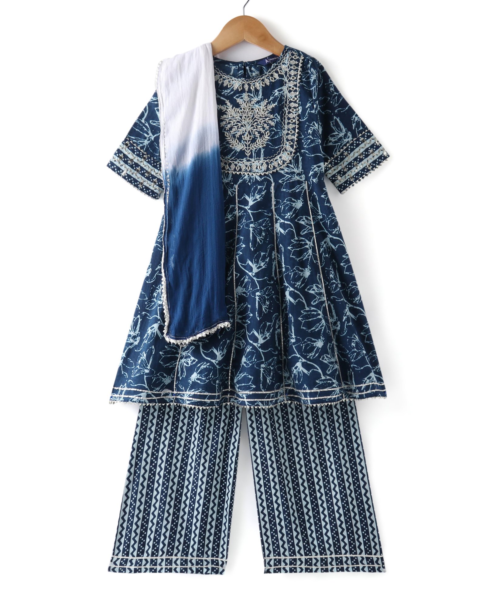 Pine Kids Cotton Three Fourth Sleeves Embroidered Kurti & Salwar Set with Dupatta - Navy-picture-23