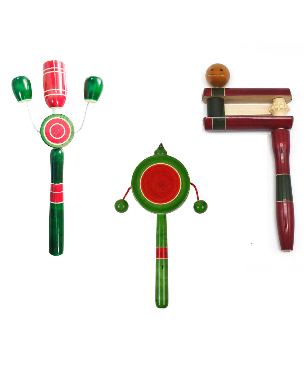 Funwood Games Handmade Combo Set Of 3 Rattles Theethers For Toddlers New-Born Infant Kids Natural Organic Eco-Friendly Wooden Toy For Kids - Assorted Color-picture-18