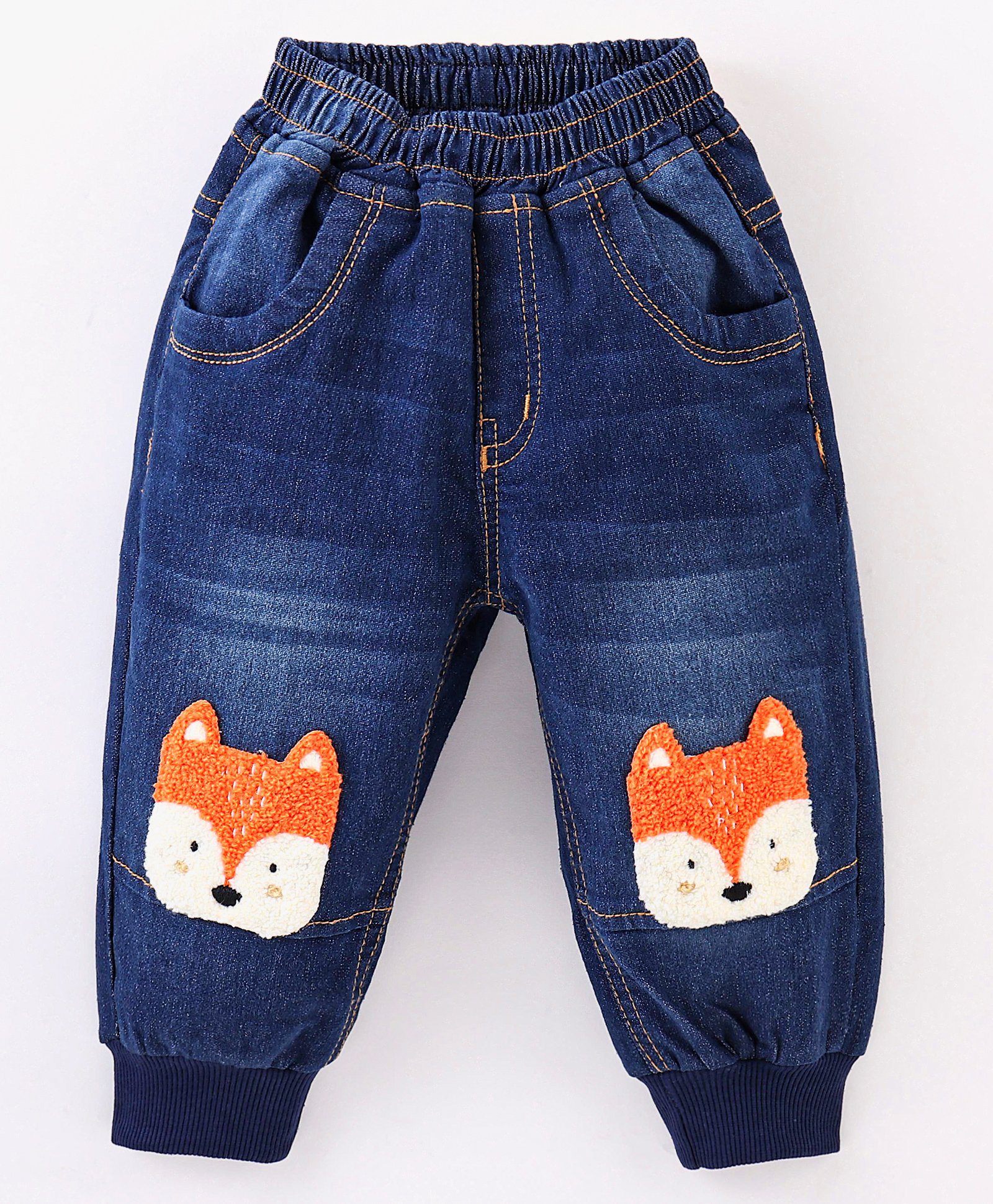 Little Kangaroos  Baggy Fit Stretchable Denim Jeans With Bear Patch Work- Dark Blue-picture-18