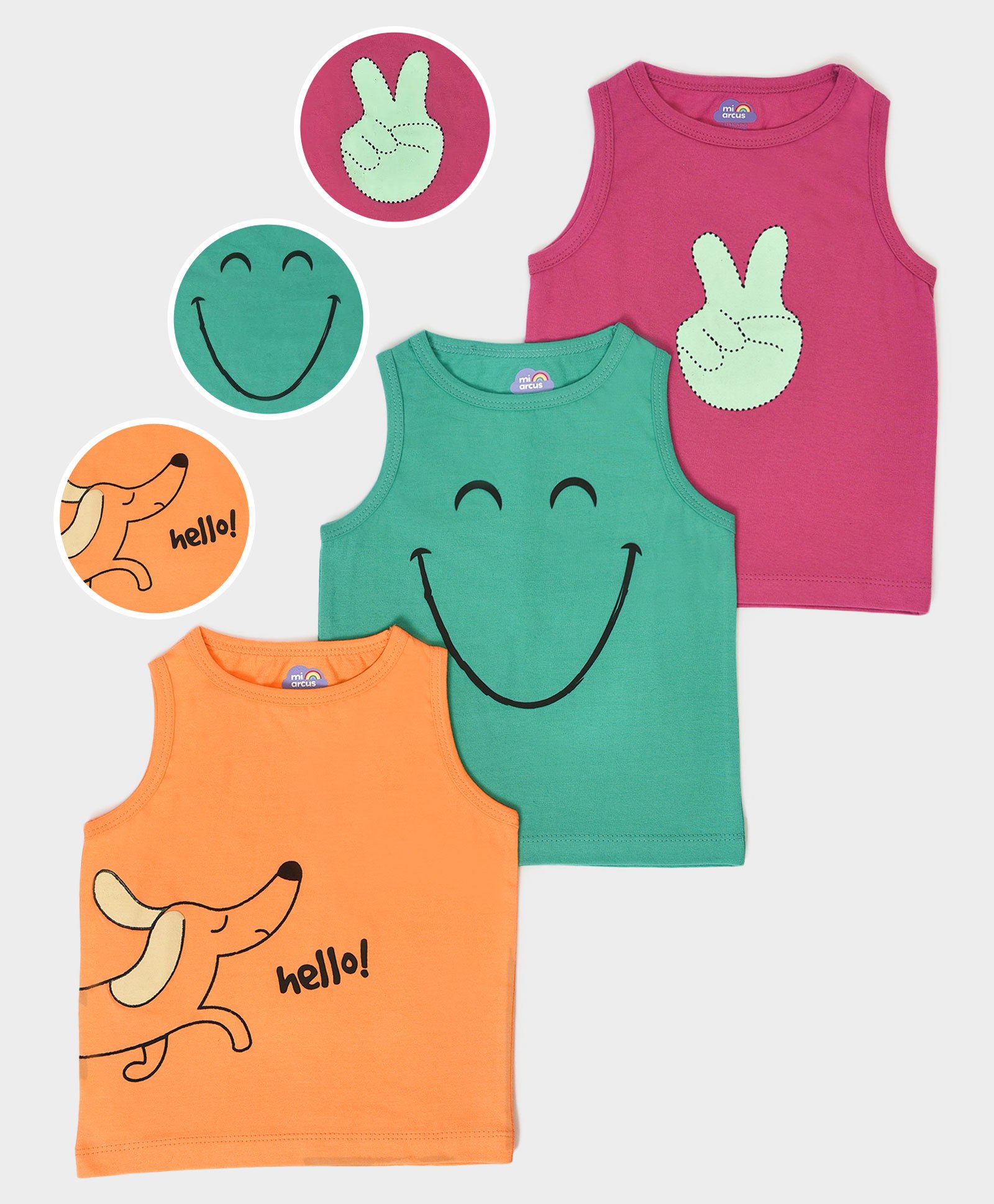 Mi Arcus Unisex Cotton Sleeveless Smiley Print Vests Pack of 3 Orange Green & Pink-picture-14