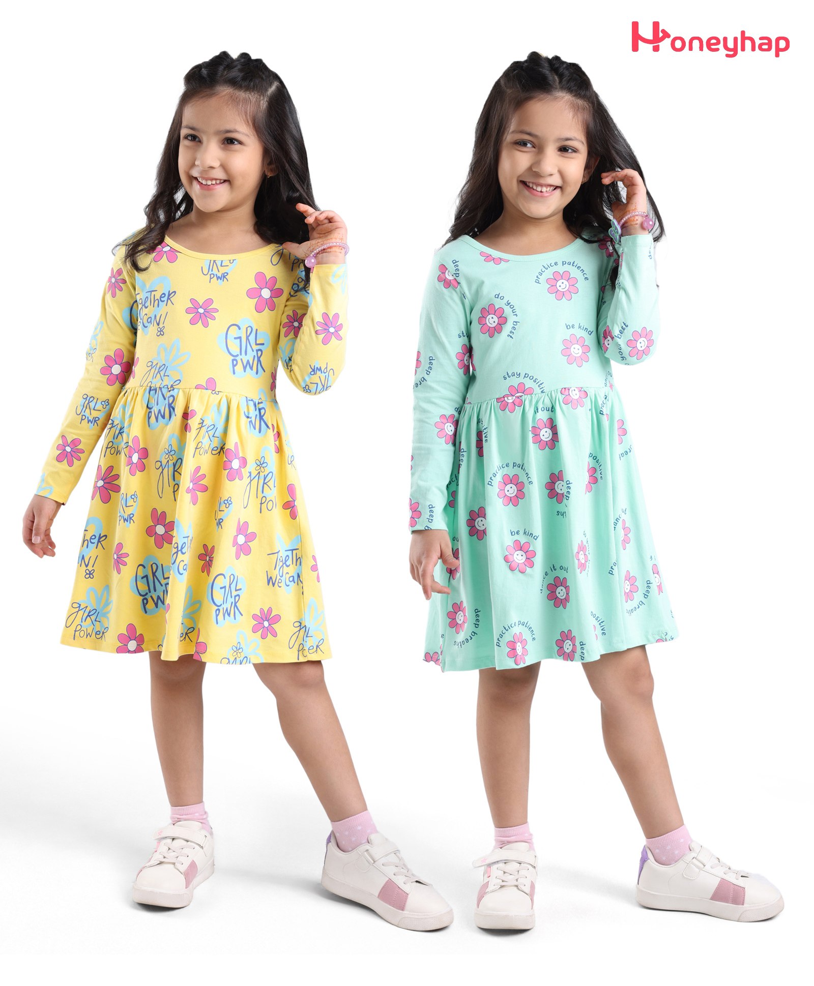 honeyhap premium cotton jersey with bio finish full sleeves frocks floral pack of 2 -  brook green & green glow