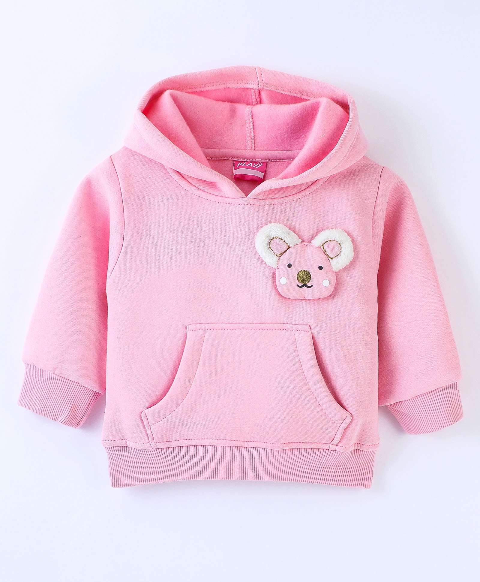 Little Kangaroos Full Sleeves Cotton Hoodie with Pockets & Bunny Applique - Pink-image-18
