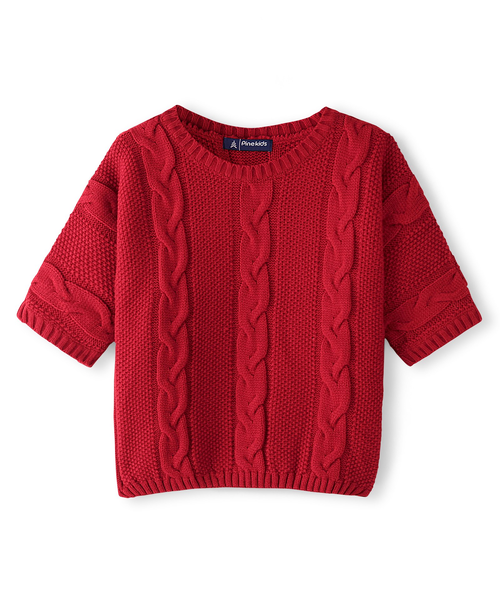 Pine Kids Knit Three Fourth Sleeves Sweater With Cable Knit Design - Deep Red-image-33