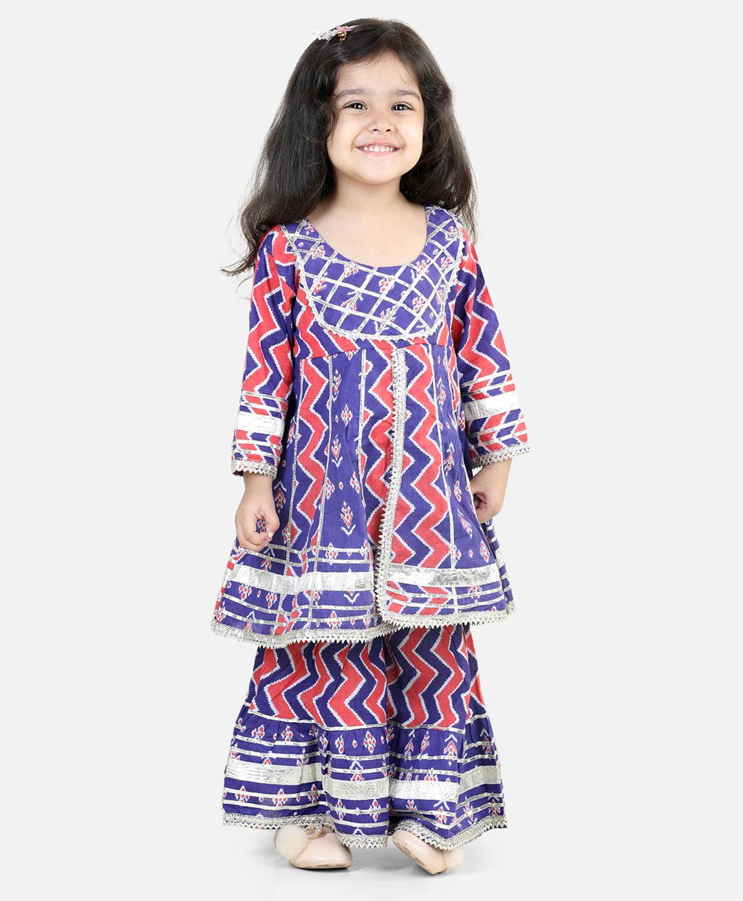 BownBee Pure Cotton Full Sleeves Cheveron  Printed Kurta With Sharara  - Purple-picture-14