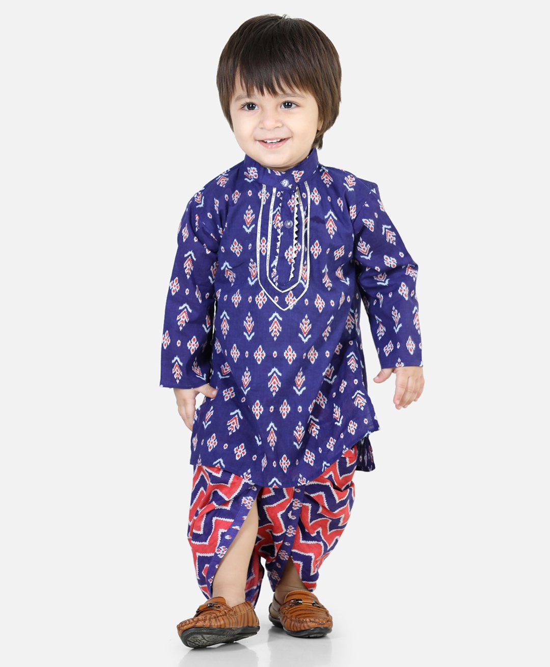 BownBee Pure Cotton Full Sleeves Ikat Motif Printed Kurta And Chevron Designed  Dhoti  - Purple-picture-25