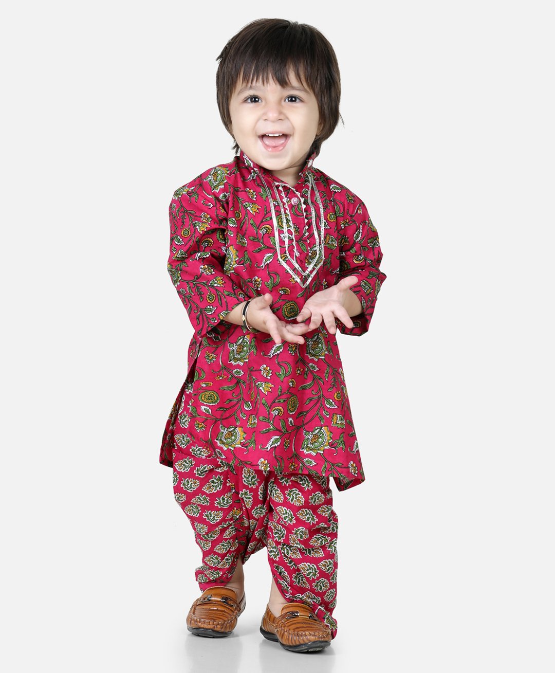 BownBee Pure Cotton Full Sleeves Jaipuri Floral Swirl Printed Kurta And Dhoti - Pink-picture-10