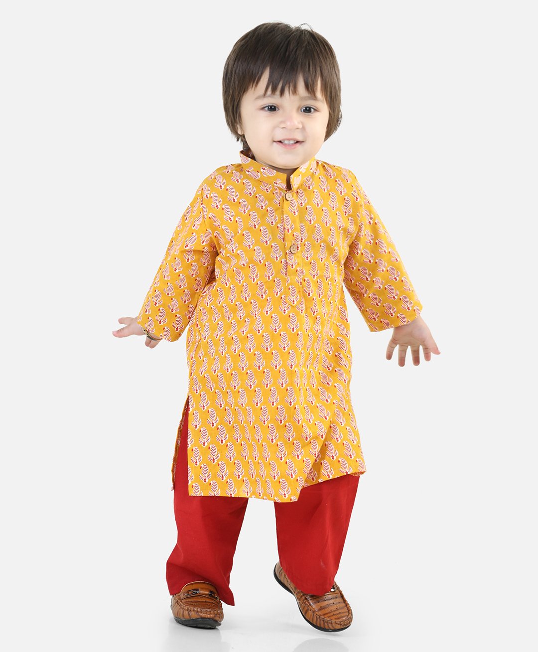 BownBee Pure Cotton Full Sleeve Motif Printed Kurta Pajama For Boys - Yellow-picture-10