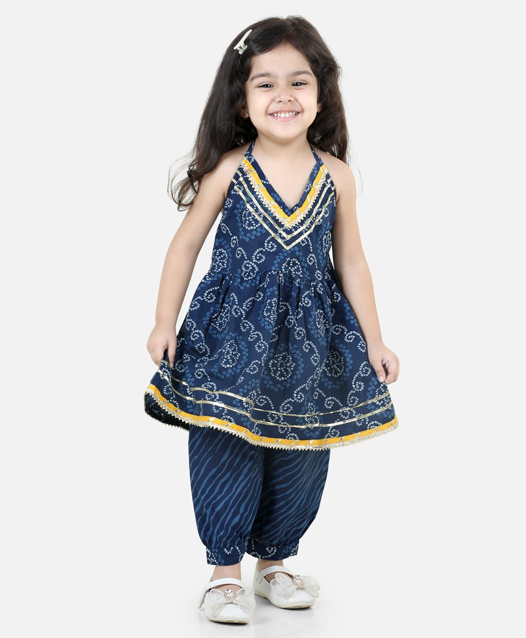 BownBee Pure Cotton Sleeveless Bandhej Printed Kurti With Leheriya Harem Pants - Blue-image-6