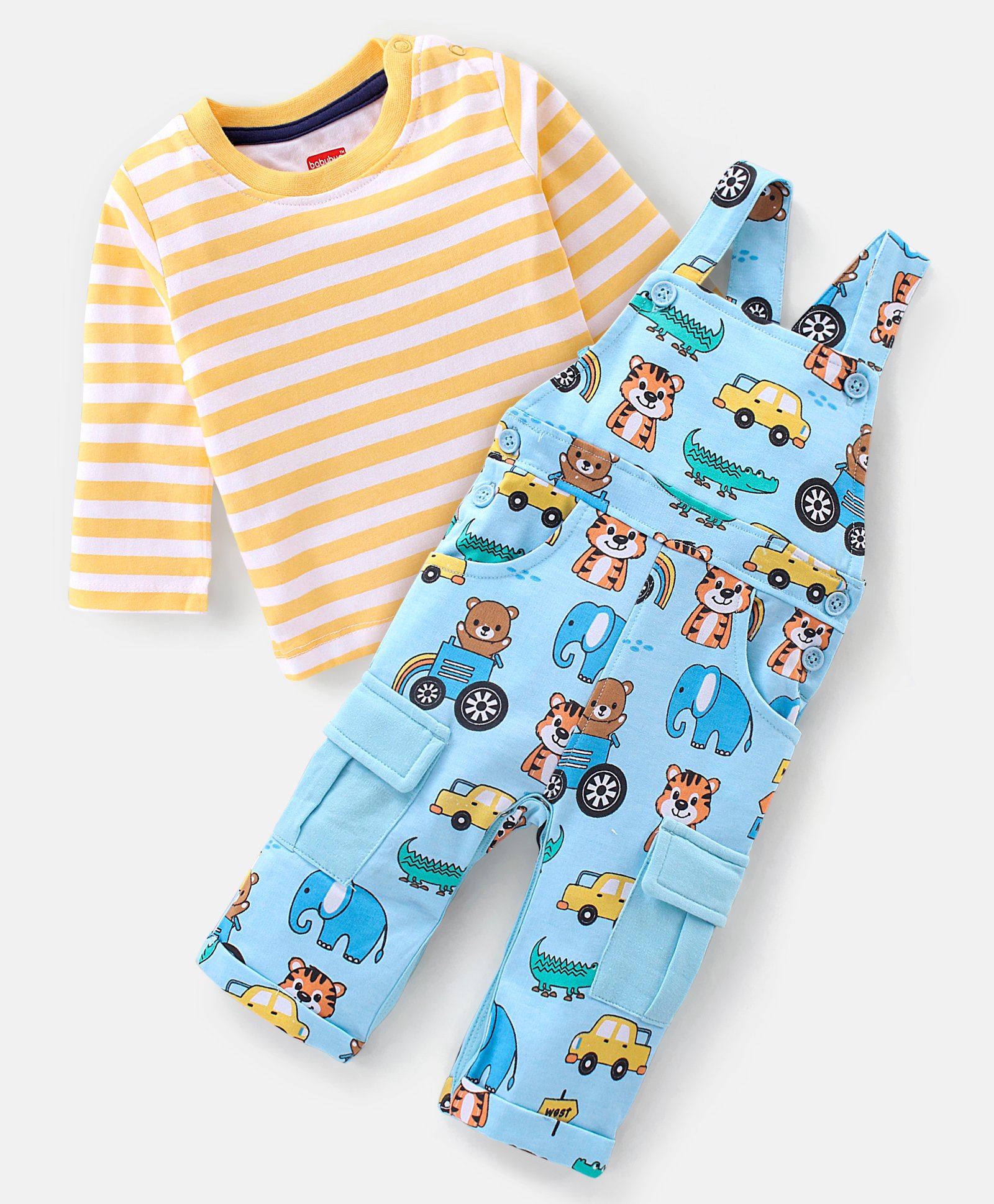 Babyhug 100% Cotton Knit Elephant Print Dungaree with Full Sleeves Stripe Inner Tee - Orange & Blue-picture-38