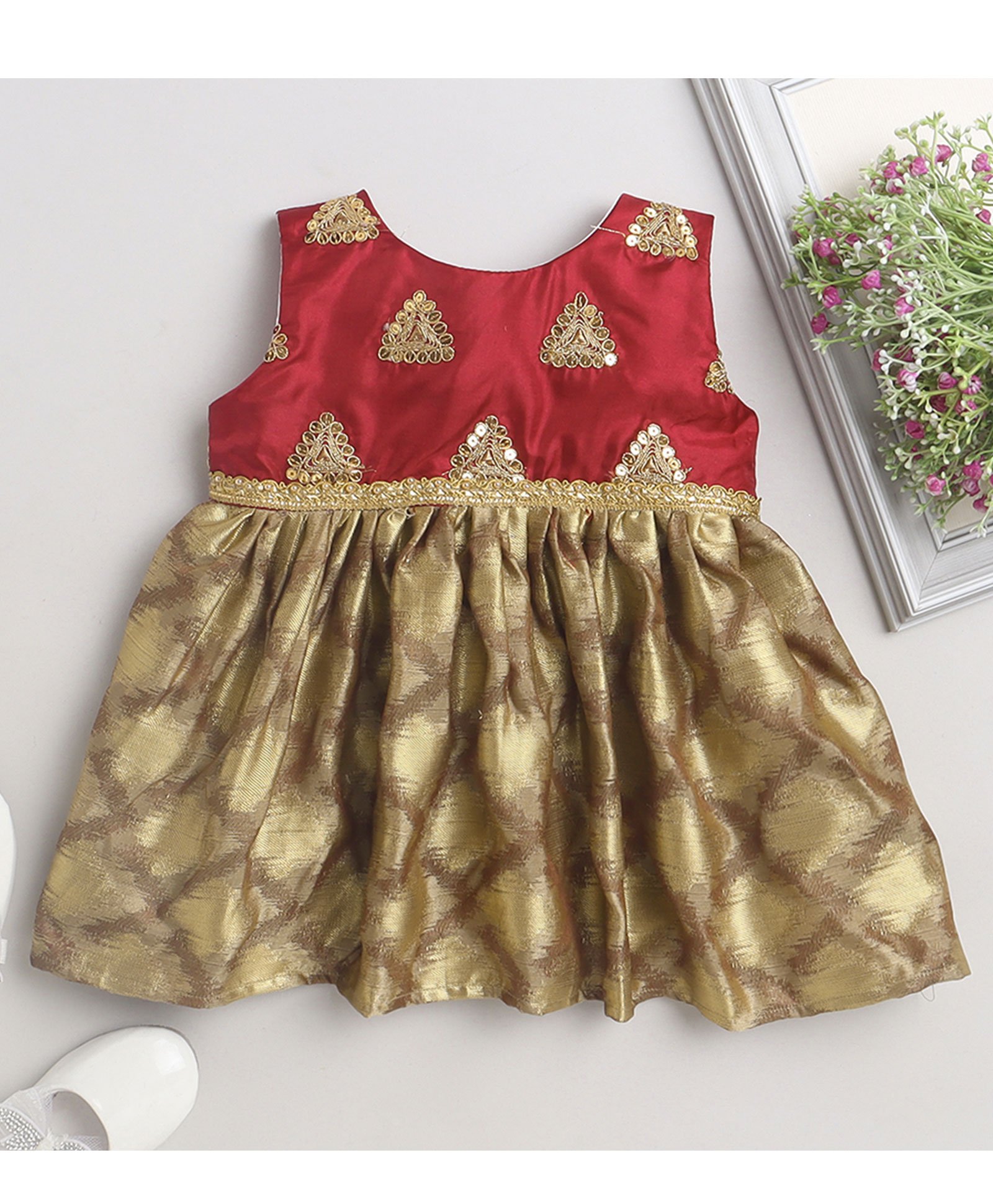 Many frocks & Sleeveless Embroidered Bodice Brocade Dress - Maroon-image-18