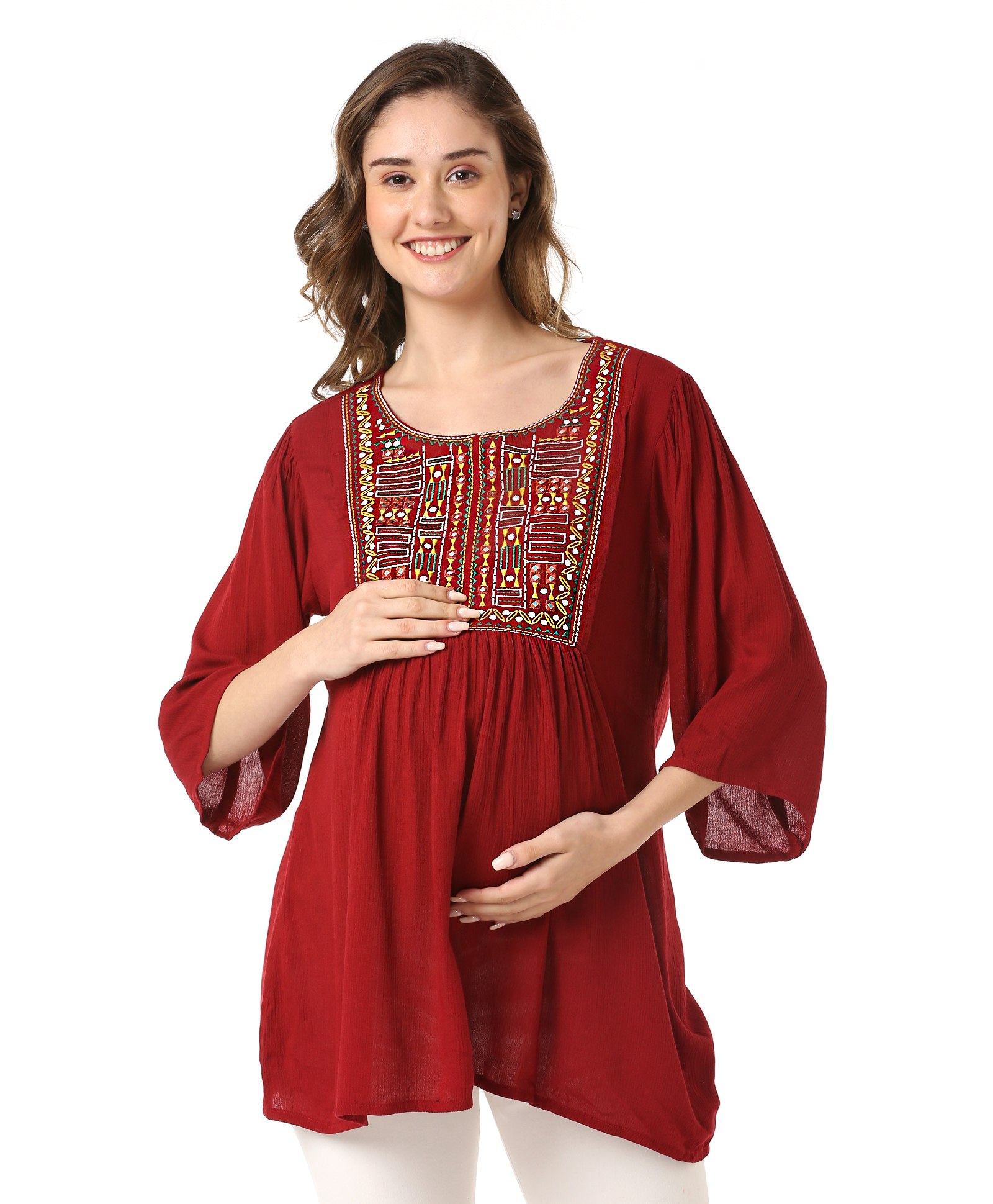 Bella Mama Viscose Crepe Embroidered Yoke with Three Fourth Sleeves Maternity Top -Maroon-image-46