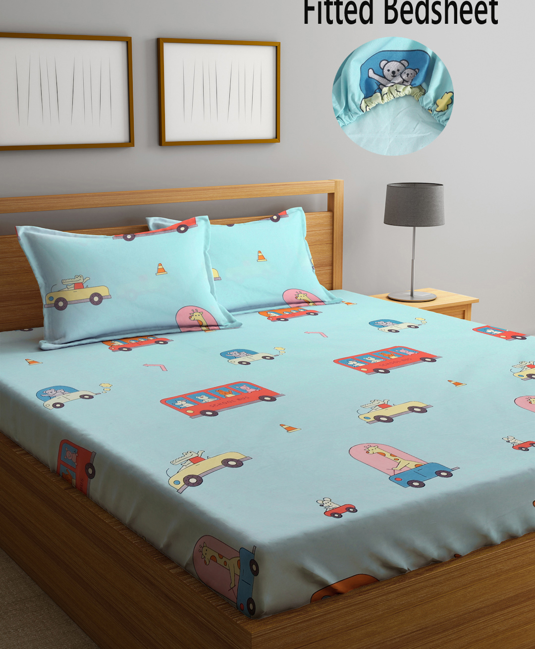 FABINALIV Cartoon Print 300 TC Cotton Blend King Size Fitted Double Bedsheet with 2 Pillow Covers - Multicolor-image-15