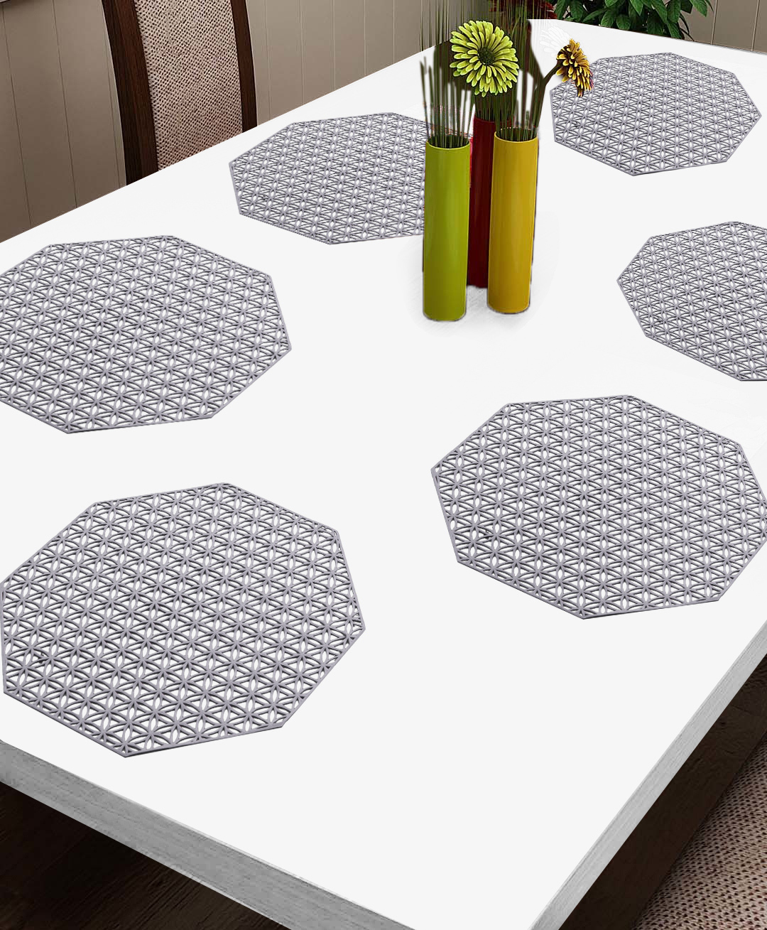 FABINALIV Set of 6 Geometric Textured PVC Table Mats  - Silver-image-5