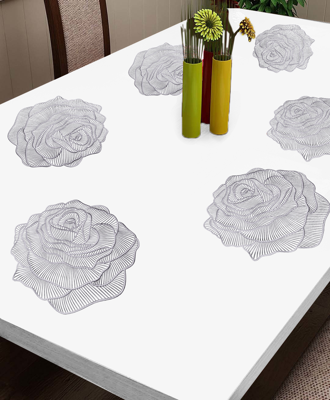 FABINALIV Set of 6 Floral Textured PVC Table Mats- Silver-image-47