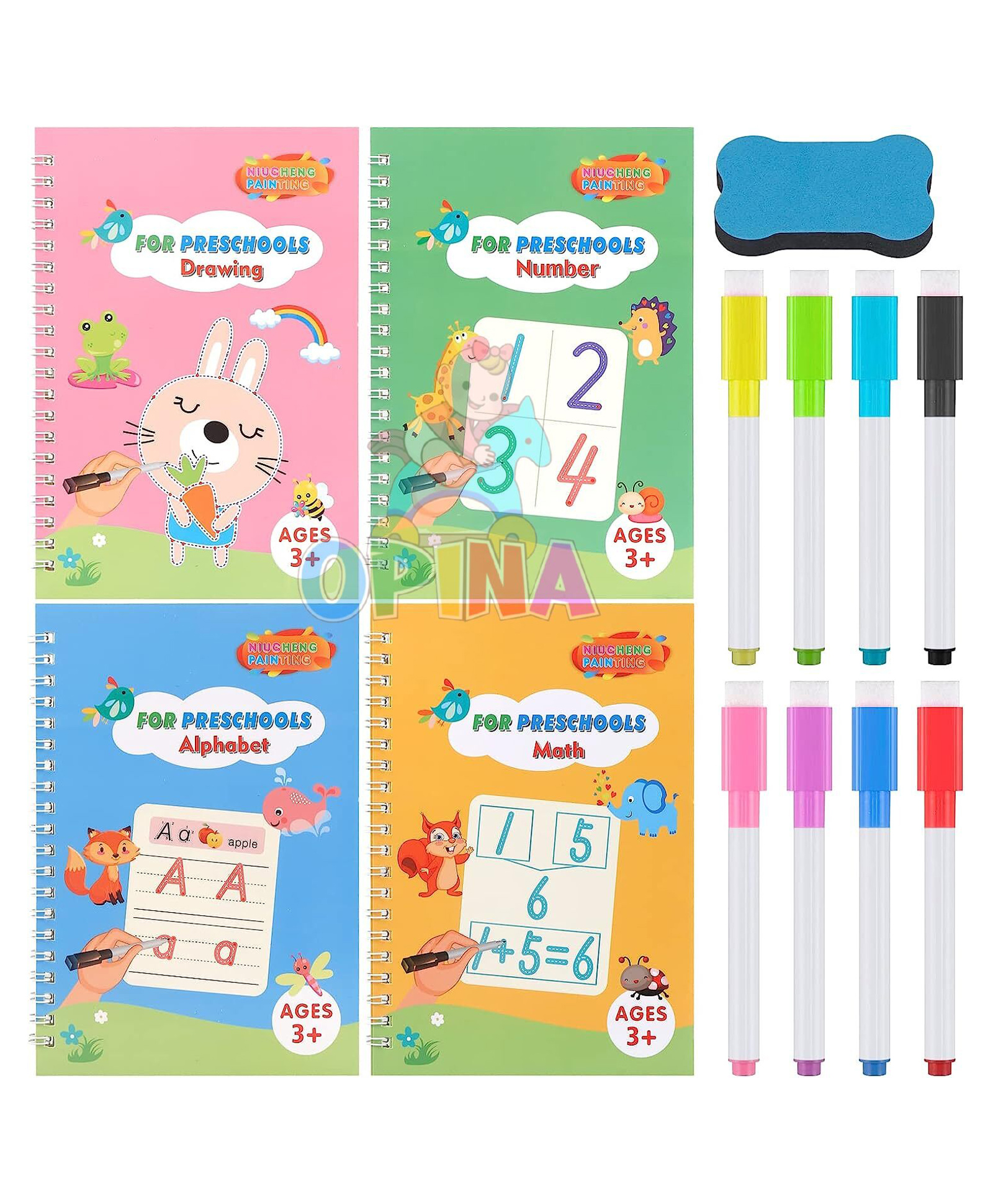 OPINA Magic Reusable Copybook Practice Copybook with 8 Pens (Page Design May Vary)-image-4
