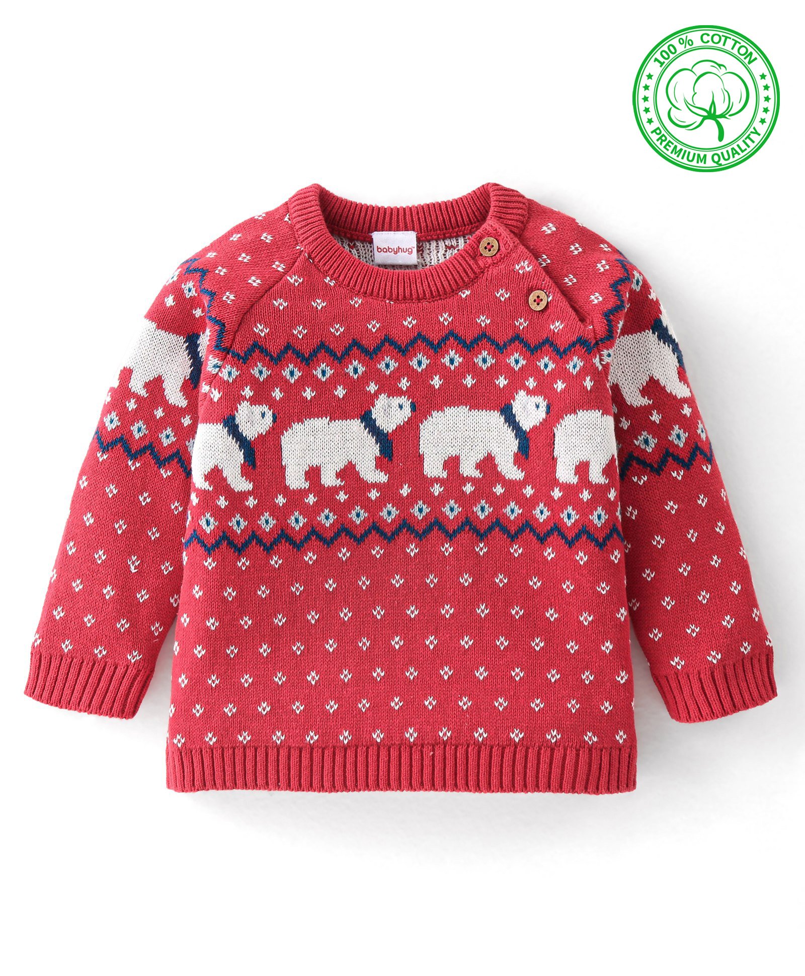 Babyhug Organic Cotton Knit Full Sleeves Pullover Polar Bear Design - Red-picture-15