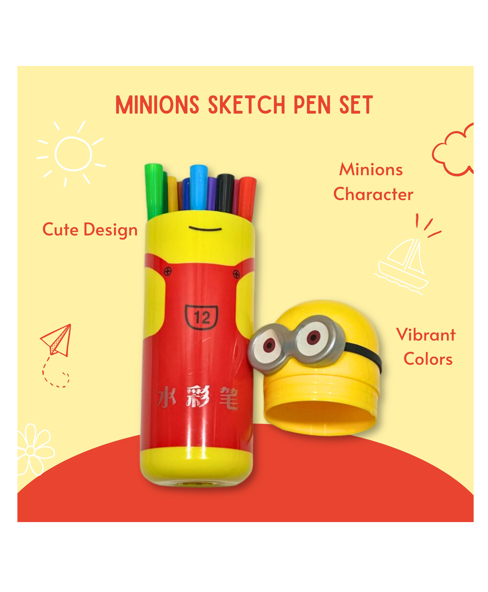 Paper Moon Cute Minions Sketch Pens Box With 12 Colored Pens  for Kids - Multicolor-image-3