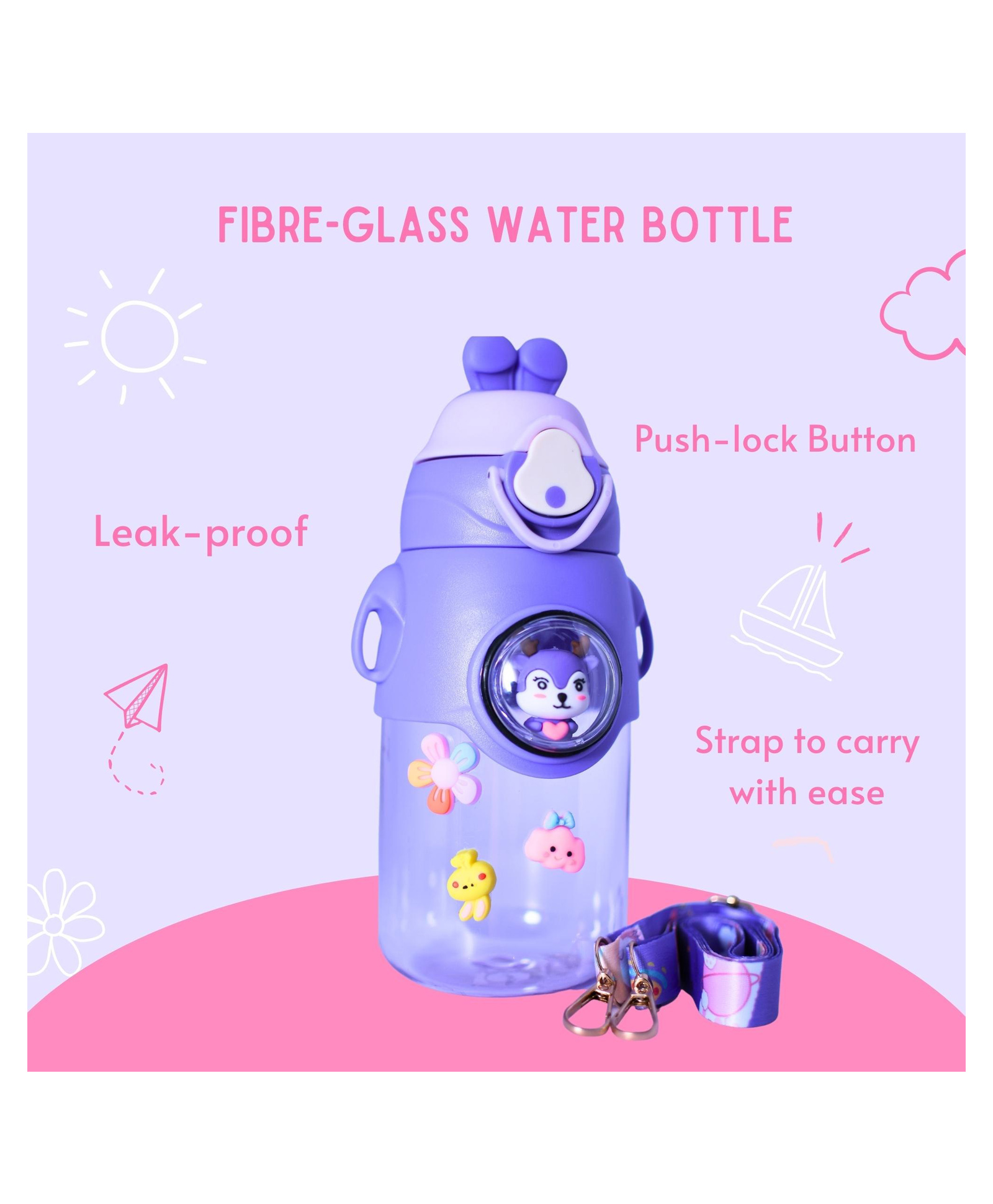 Paper Moon Kids Rabbit Push Lock Water Bottle Sipper with Strap Lavender - 500ml-image-6