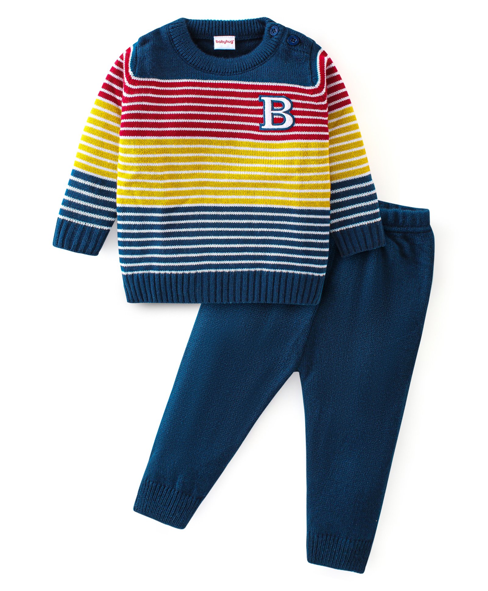 Babyhug Knitted Full Sleeves Sweater Set Striped Design - Navy Blue-image-22