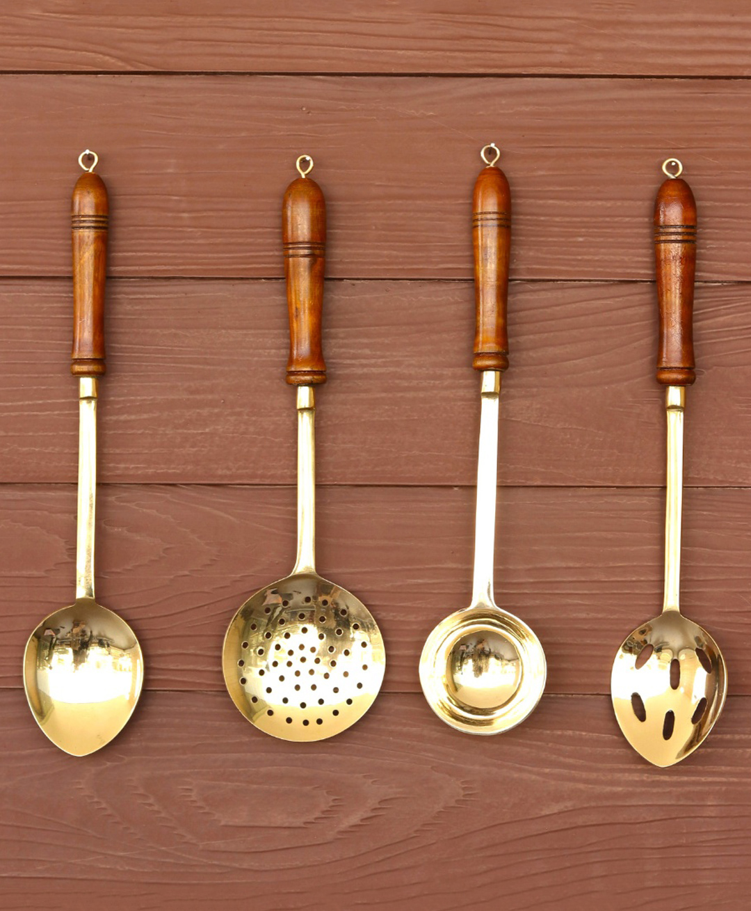 Indian Bartan Set of 4 Brass Ladles with Wooden Handles - Silver-picture-18