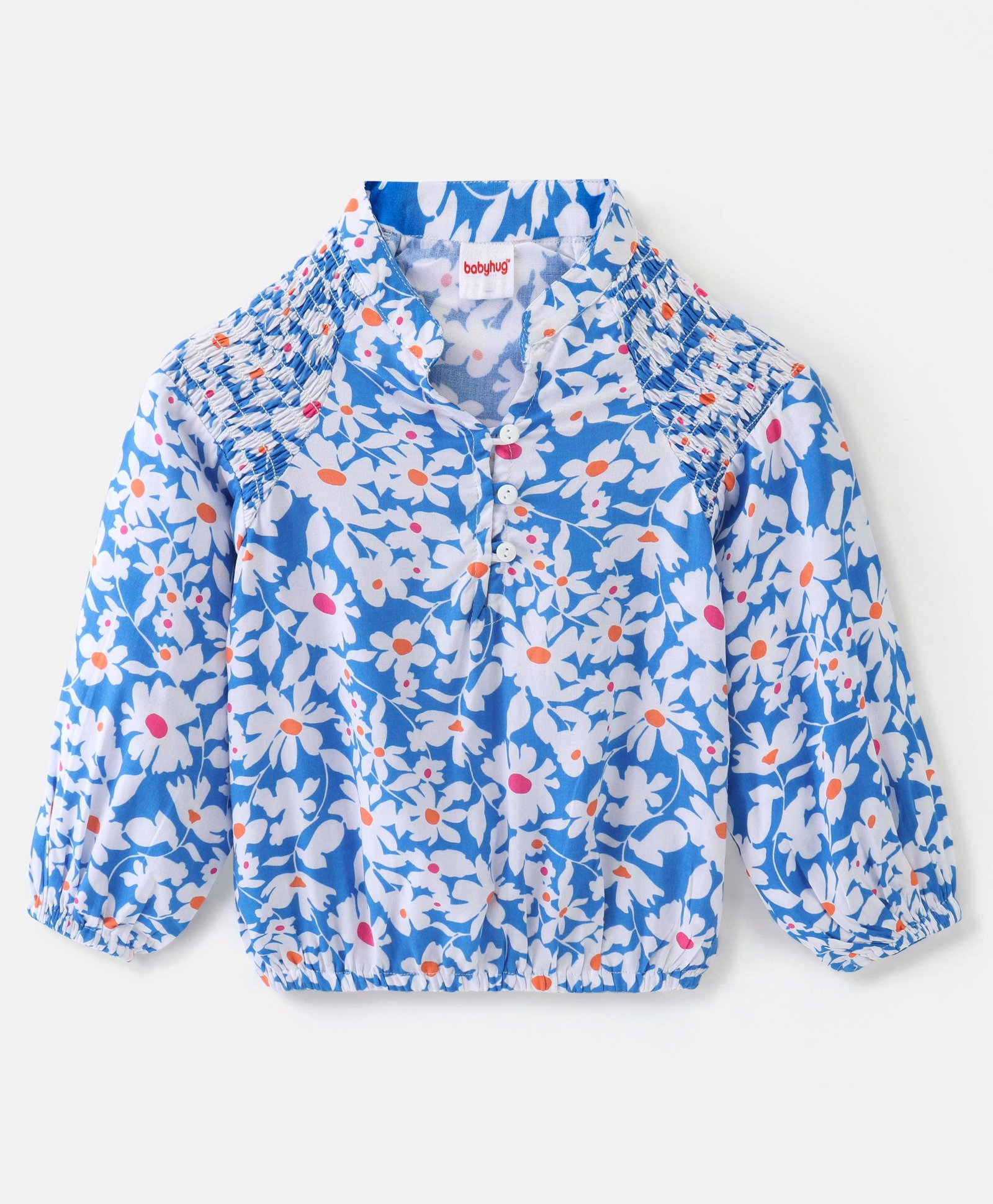 Babyhug Rayon Woven Full Sleeves Gathered Top With Floral Print - White & Blue-picture-17