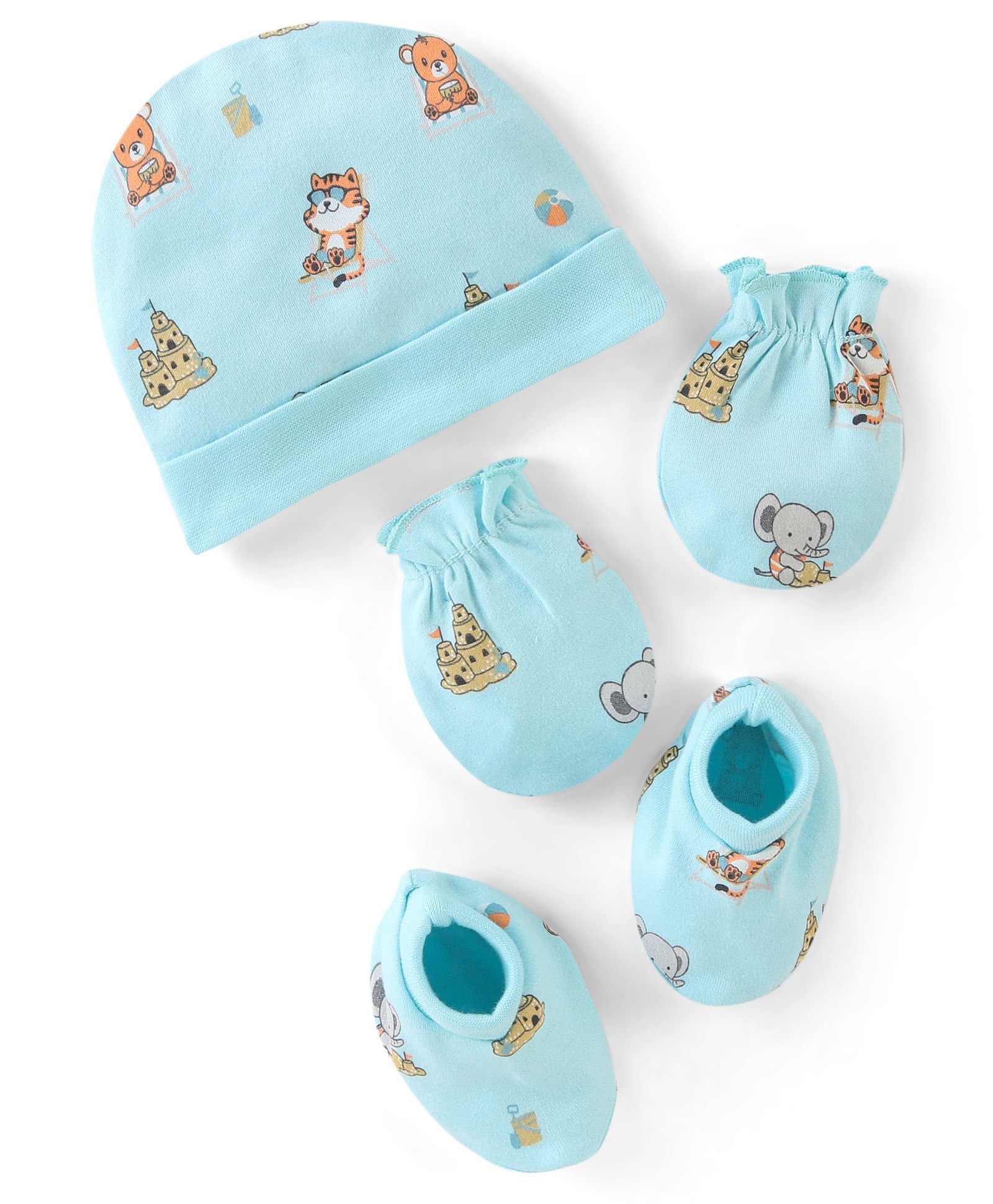 Babyhug 100% Cotton Interlock Castle Print Cap Mittens And Booties - Blue-image-3