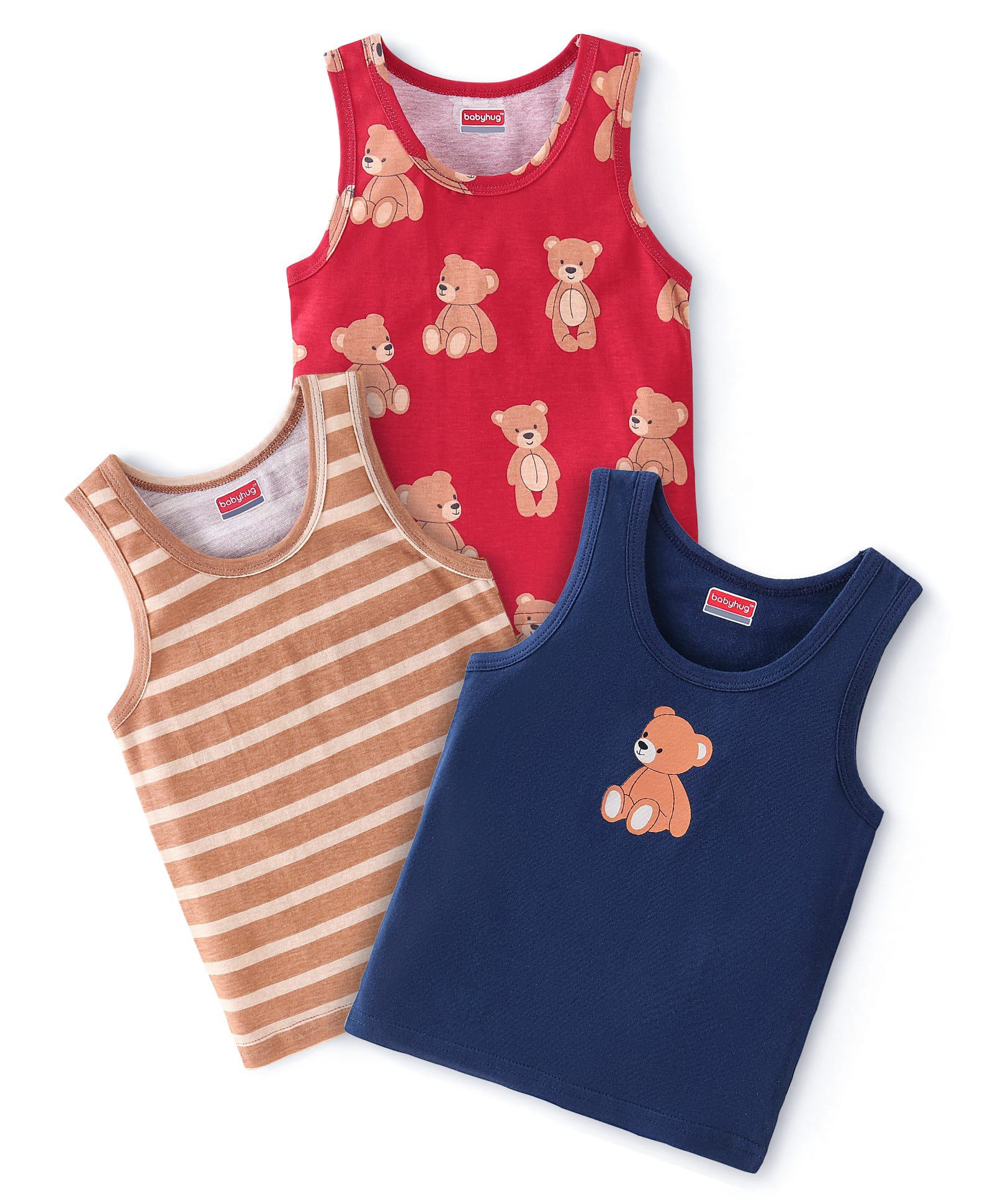 Babyhug 100% Cotton Single Jersey Knit Sando Stripes & Teddy Print Pack of 3 - Brown Navy Blue & Orange-image-45