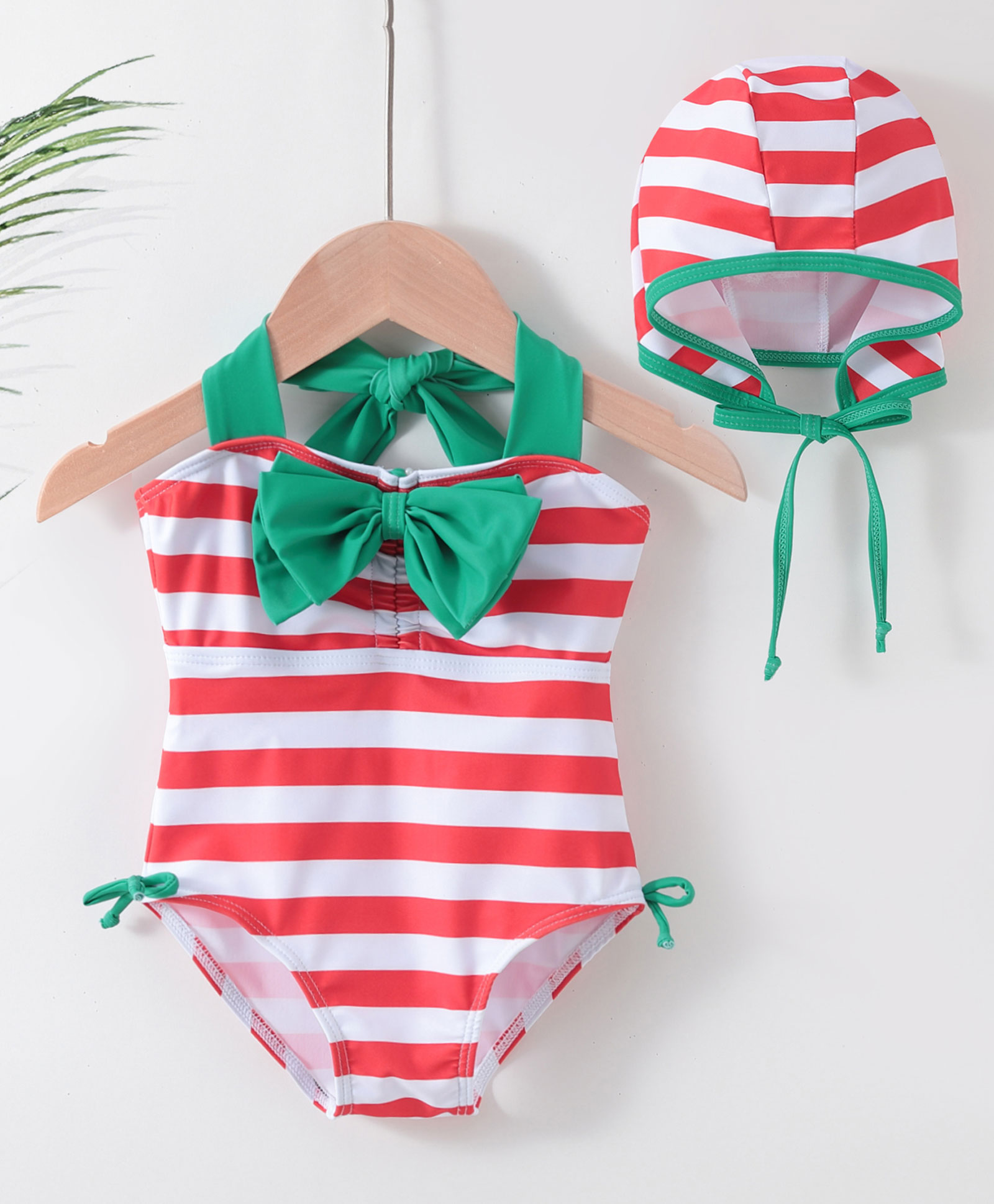 Babyhug Sleeveless V Cut Striped Swimsuit with Cap - Red-image-38