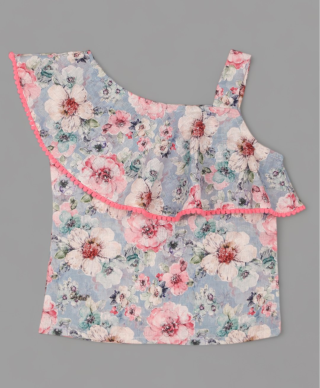 Actuel  One Shoulder Floral  Pront Cotton Top -Grey,Pink,Green-picture-22