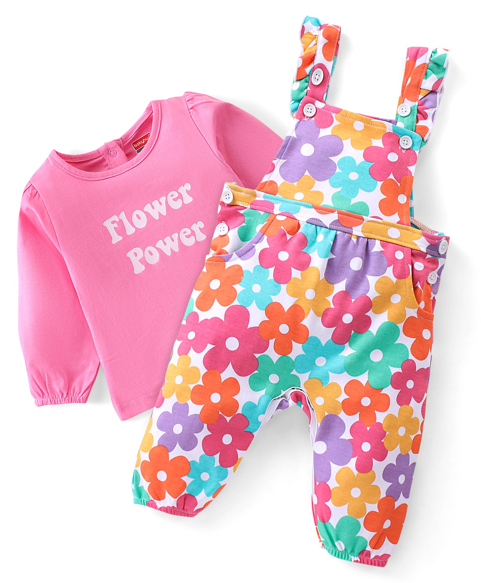 Babyhug 100% Cotton Knit Floral Printed Dungaree with Full Sleeves Inner Tee - Pink-picture-32