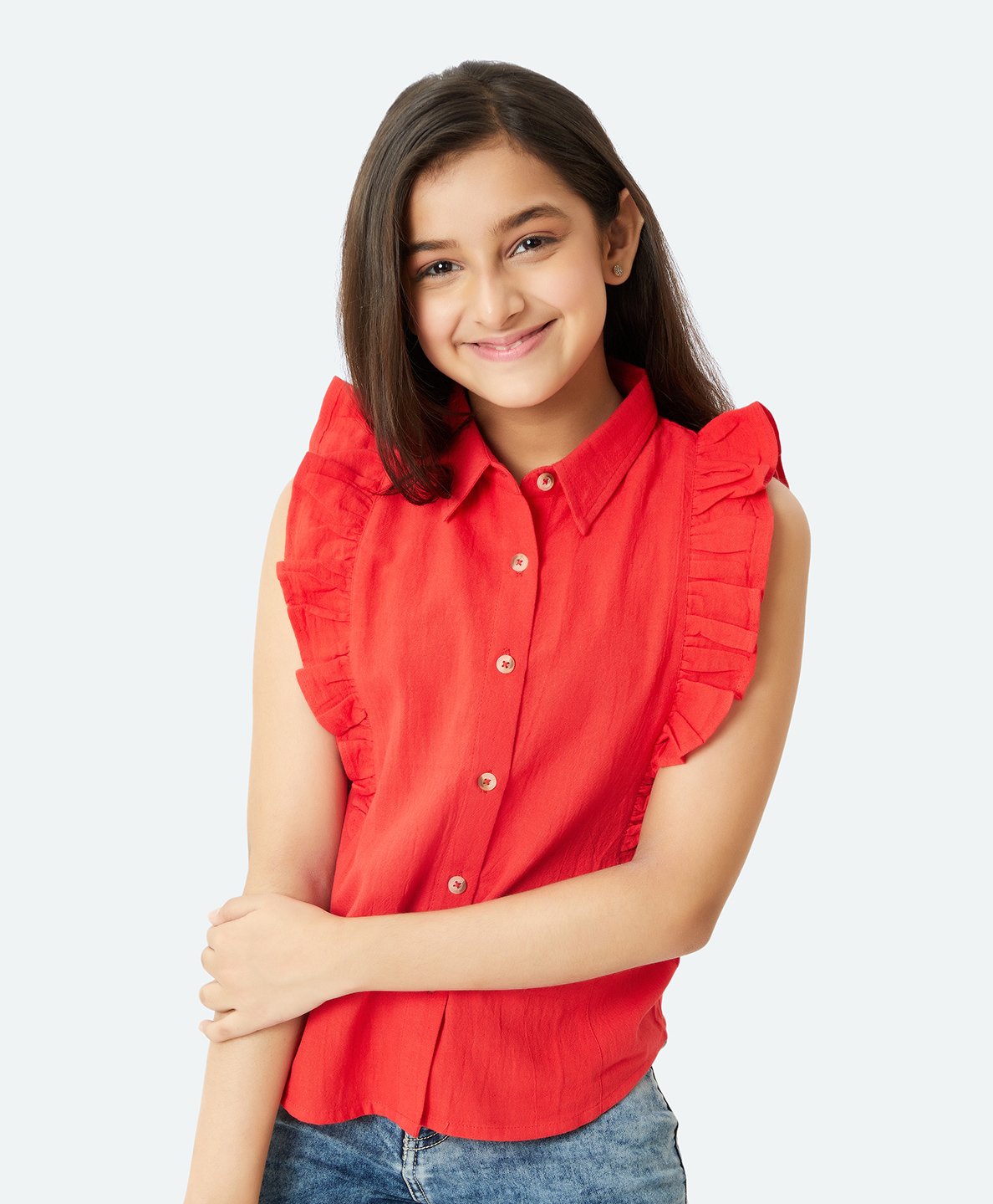 Olele Sleeveless Linen Blend Ruffled Solid Colour Shirt - Red-picture-33