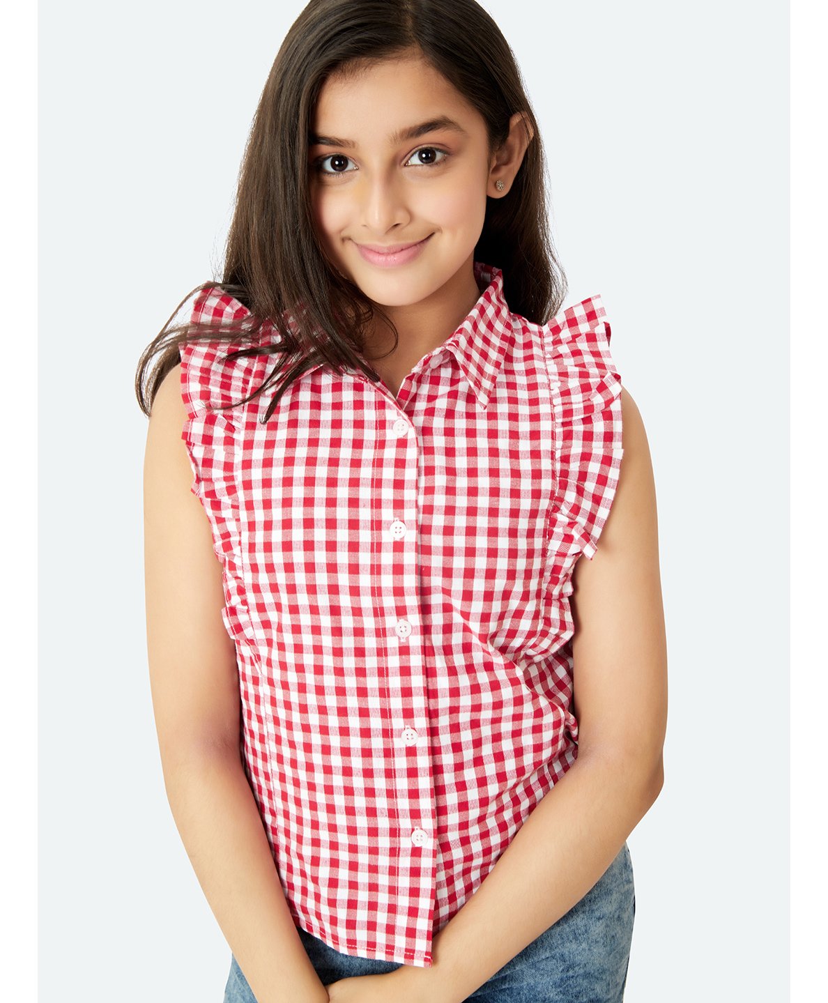 Olele Sleeveless Linen Blend Ruffled Checked Shirt - Red-picture-39