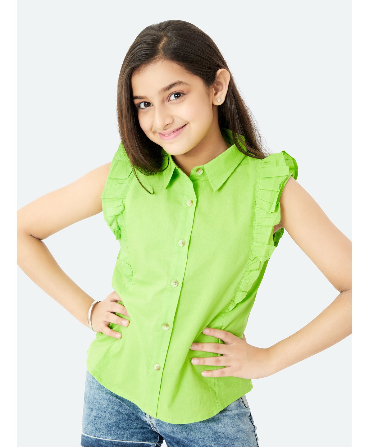 Olele Sleeveless Cotton Linen Ruffled Solid Colour Shirt - Green-picture-6