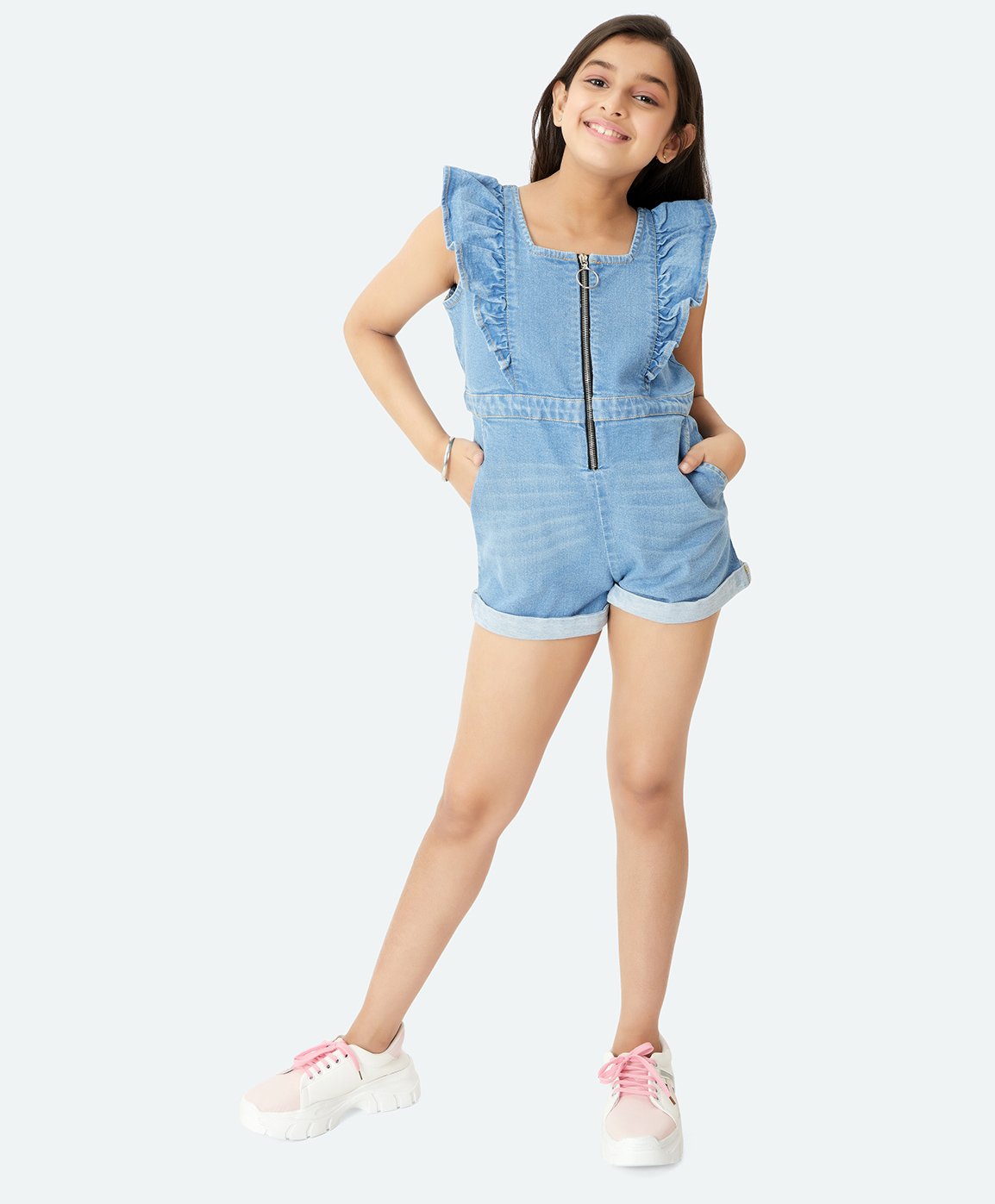 Olele Sleeveless Short Length Denim Solid Colour Jumpsuit - Blue-image-22