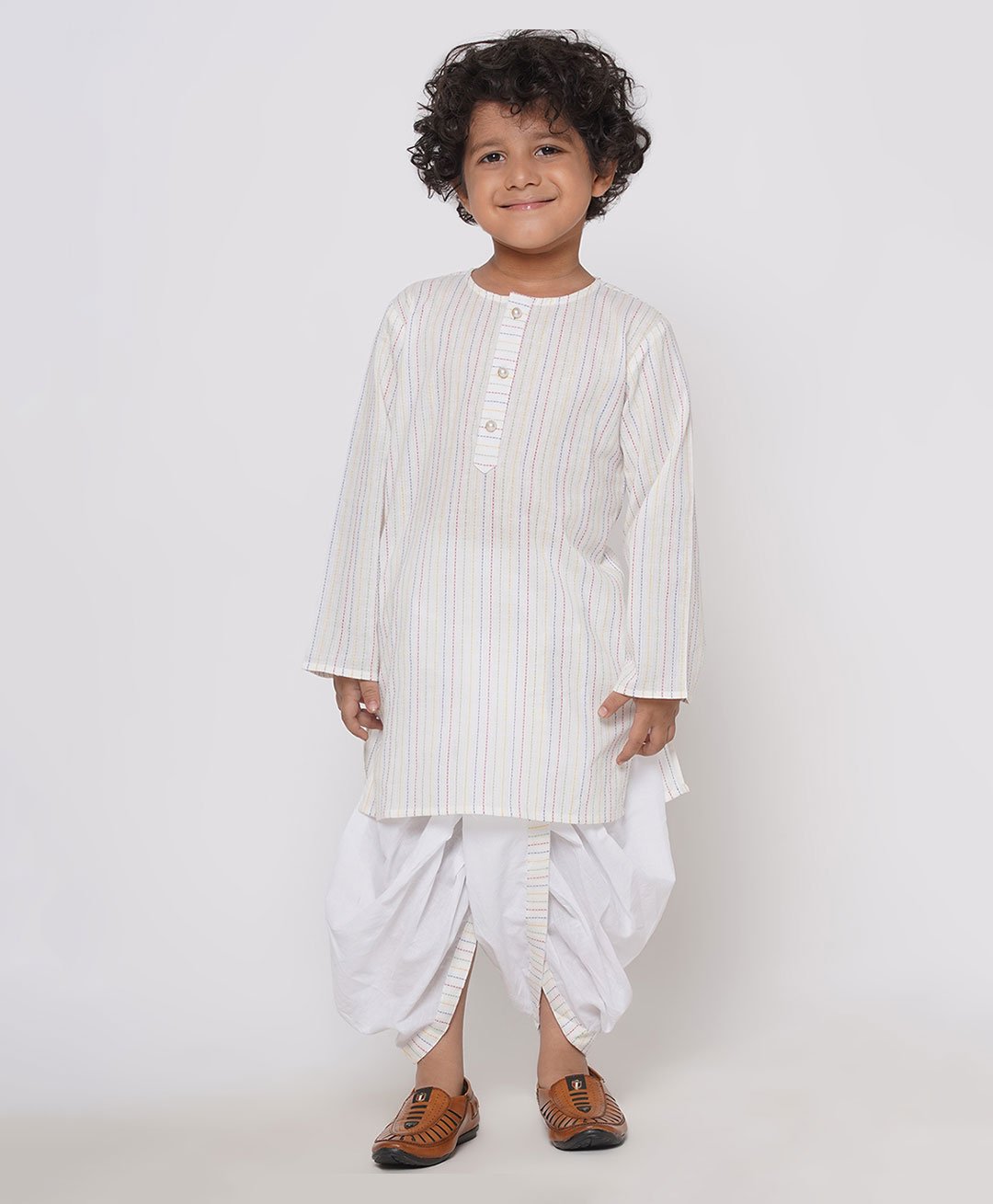 Little Bansi Multi Color Thread Work Kurta With Pearl Buttons & Dhoti - White-image-12