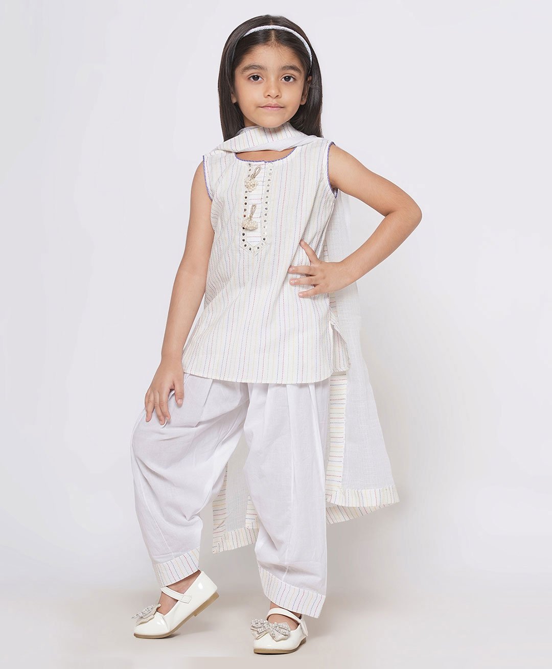 Little Bansi Multi Color Thread Work Short Kurta with Tussel and Lace Work with Patiala Salwar and Kota Doria Dupatta - White-image-2