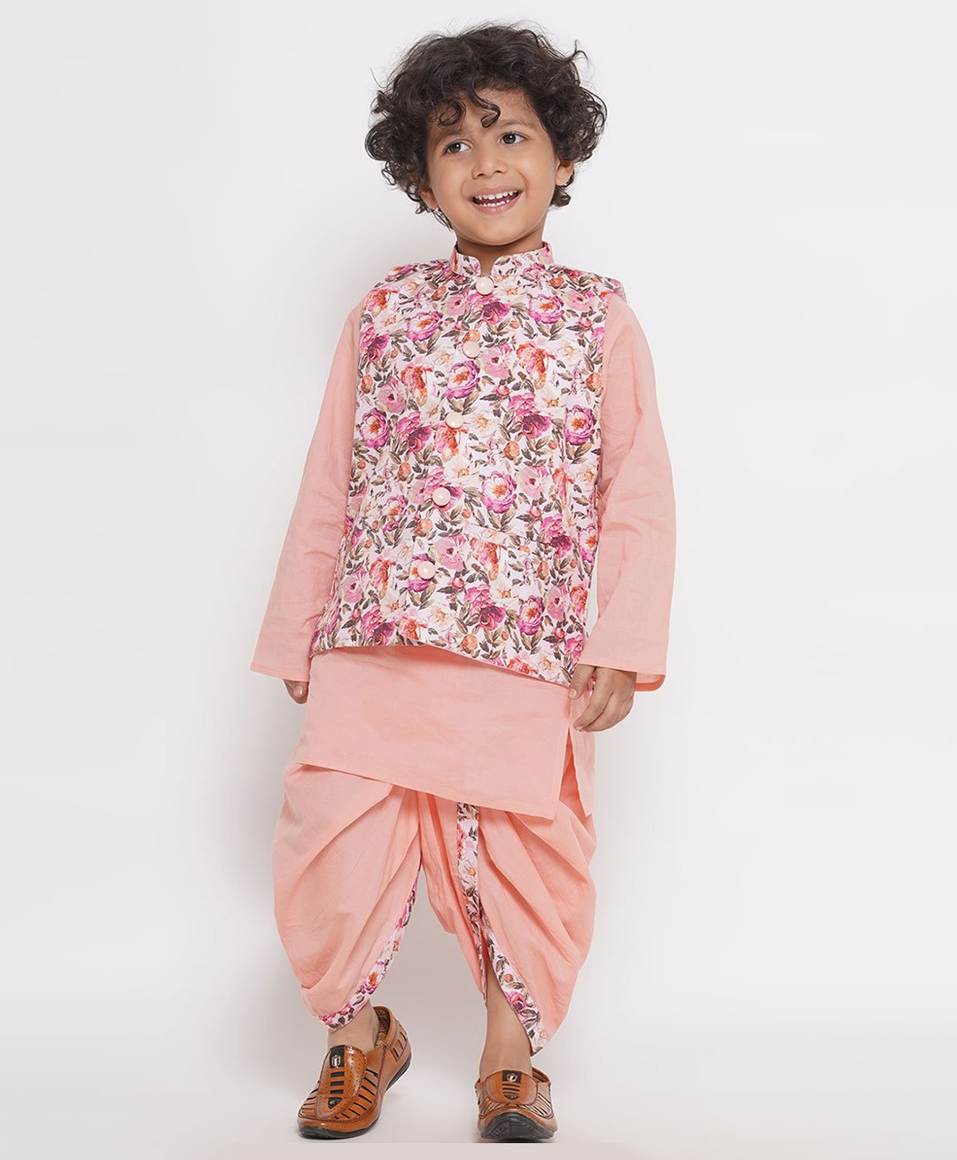 Little Bansi Floral Jacket With Peach Kurta With Pearl Buttons & Dhoti - Peach-picture-19