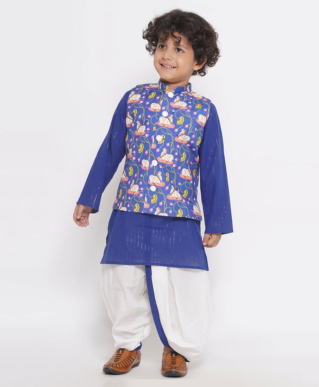 Little Bansi Cow Print Jacket with Golden Stripes Kurta and Dhoti - Royal Blue-picture-20