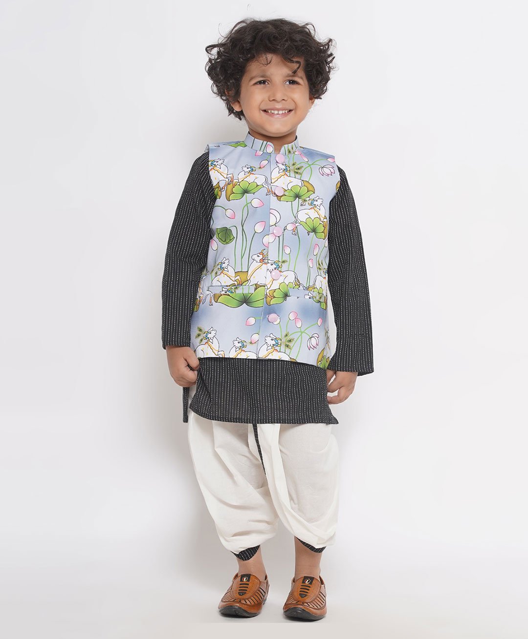 Little Bansi Cow Print Jacket With Thread Work Kurta And Dhoti - Grey-picture-12