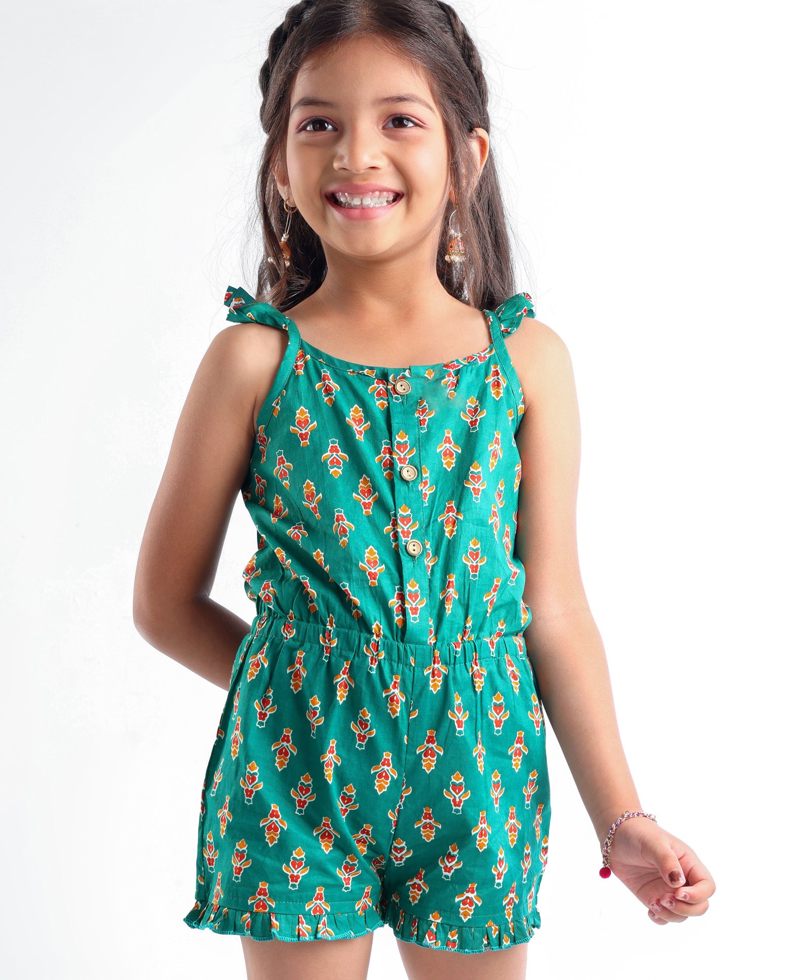 Babyhug 100% Cambric Sleeveless Printed Jumpsuit - Green.-image-0