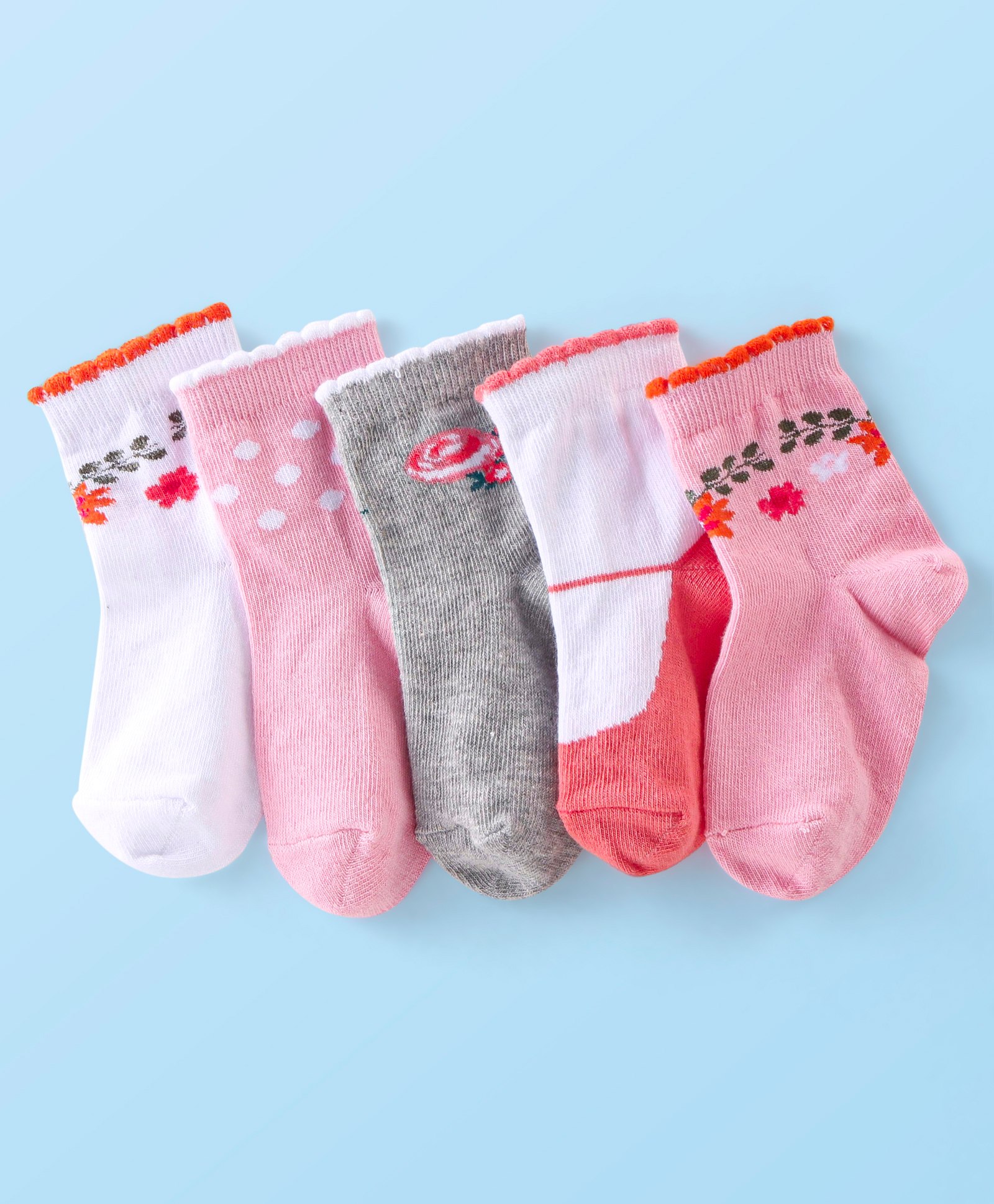 Cutewalk By Babyhug Anti Bacterial Ankle Length Socks Floral Print Pack Of 5 - Multicolor-image-11