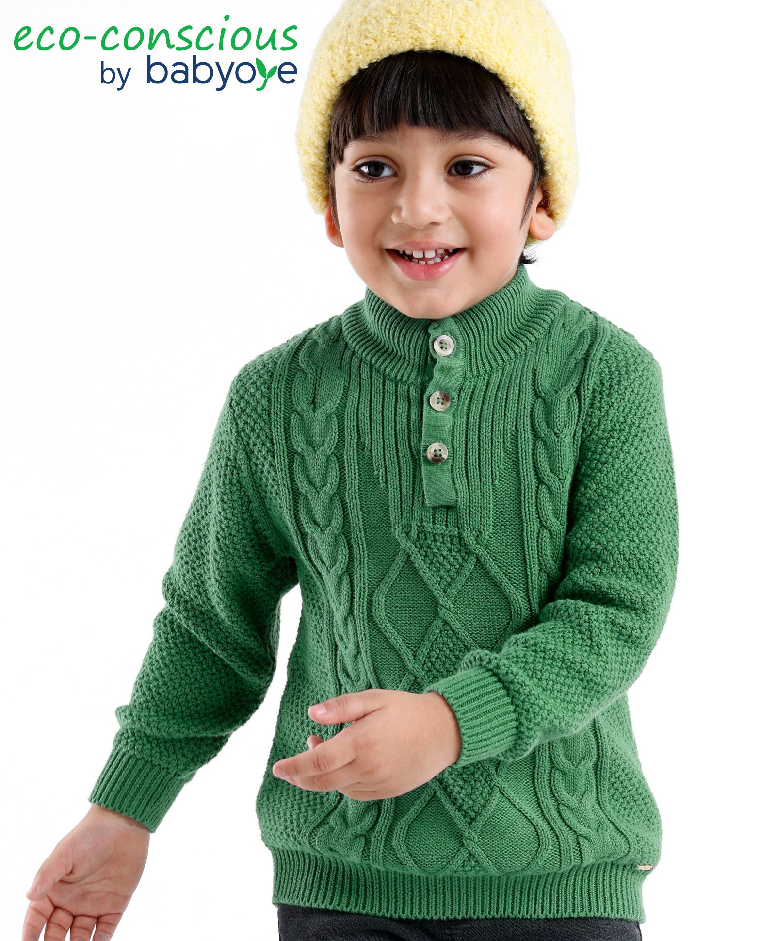 Babyoye 100% Cotton Knit Full Sleeves Textured Pullover Sweater With Cable Knit Design - Green-image-31