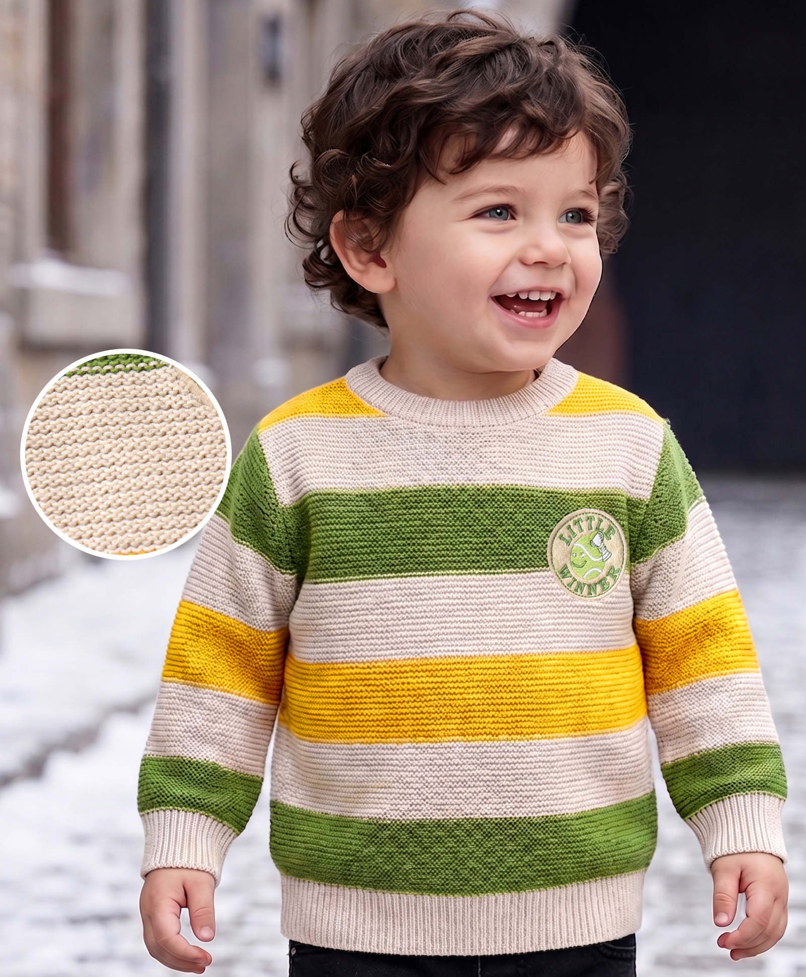 Babyoye 100% Cotton Textured Full Sleeves Pullovers Sweater - Green Yellow & Grey-image-44