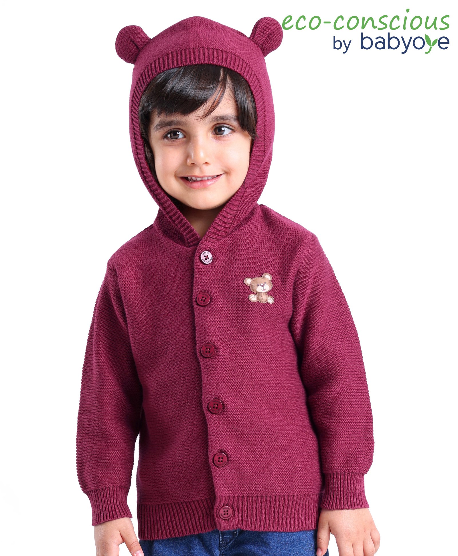 Babyoye 100% Cotton Full Sleeves Hooded Sweater With Teddy Applique - Purple-picture-30